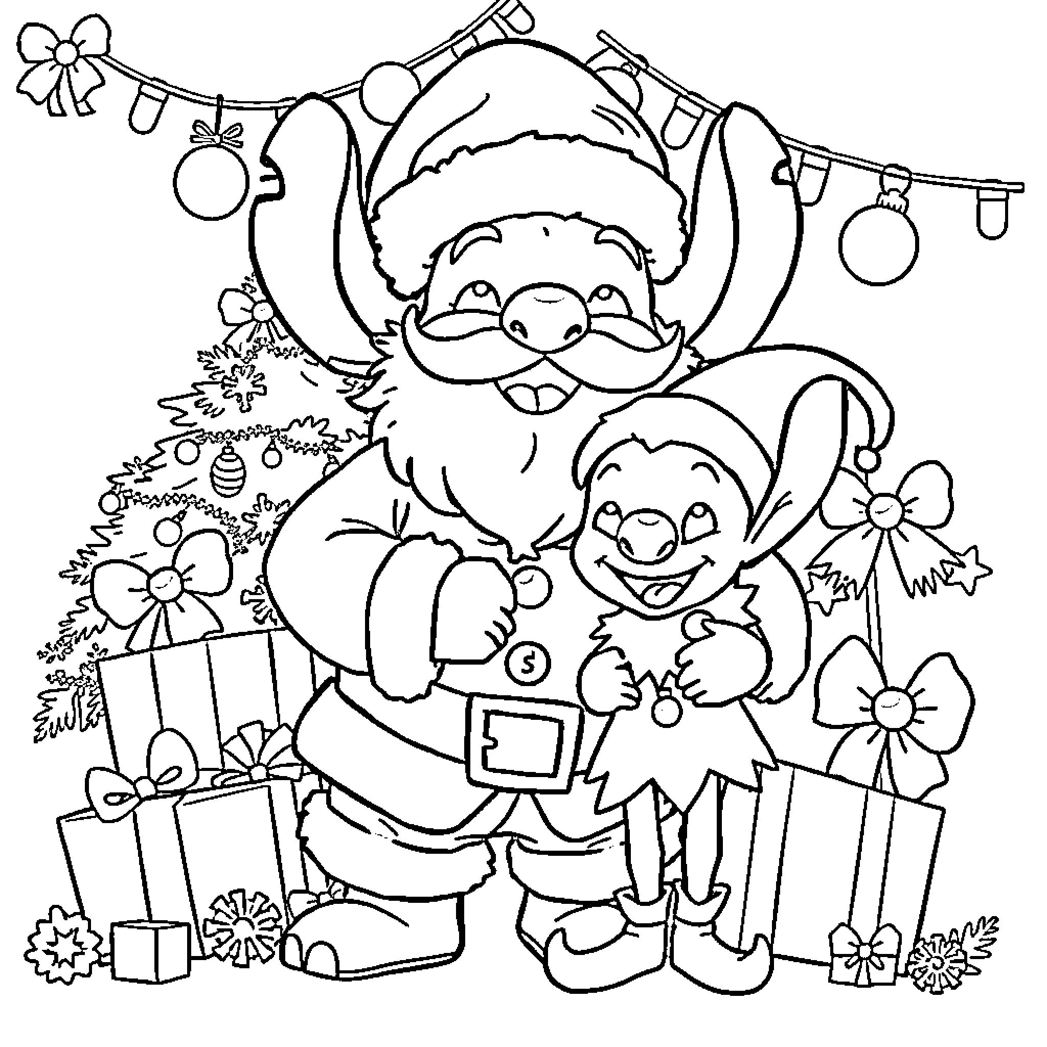 Santa Stitch Enjoys a Festive Scene Coloring Page (free black-and-white line drawing printable PDF for all, from beginners to advanced learners, including children, teens, adults, and seniors)