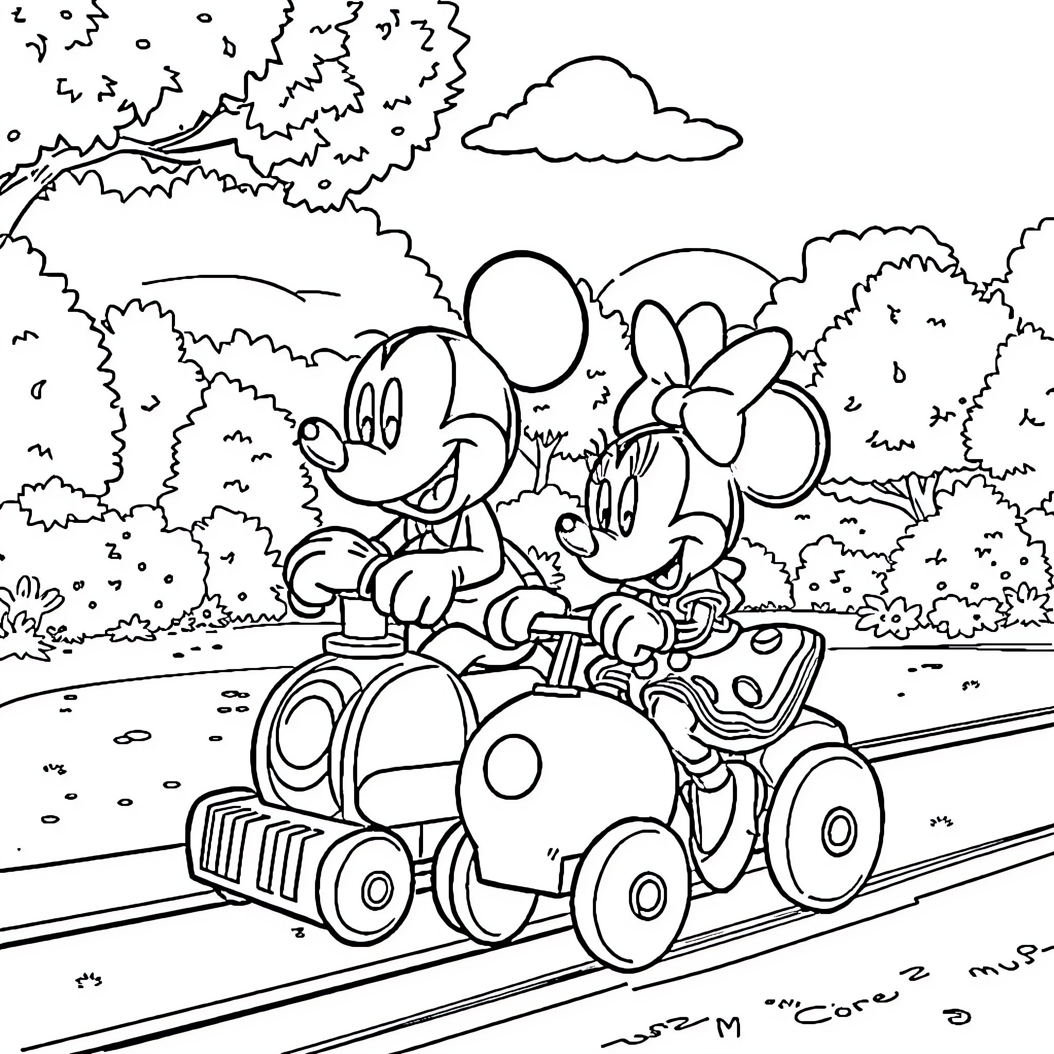 Mickey and Minnie's Joyful Adventure Coloring Page (free black-and-white line drawing printable PDF for all, from beginners to advanced learners, including children, teens, adults, and seniors)