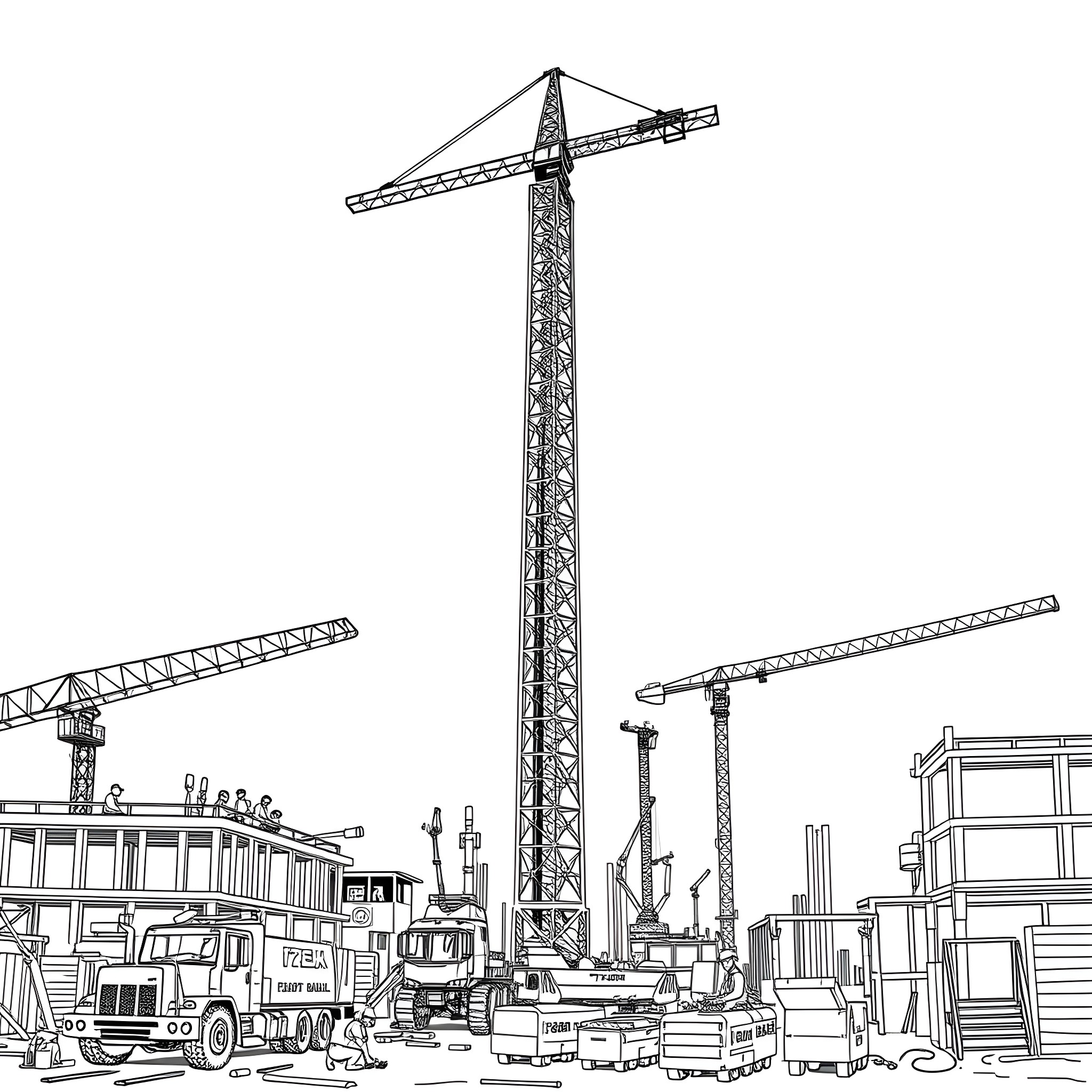 Lattice Boom Cranes at a Construction Site Coloring Page (free black-and-white line drawing printable PDF for all, from beginners to advanced learners, including children, teens, adults, and seniors)