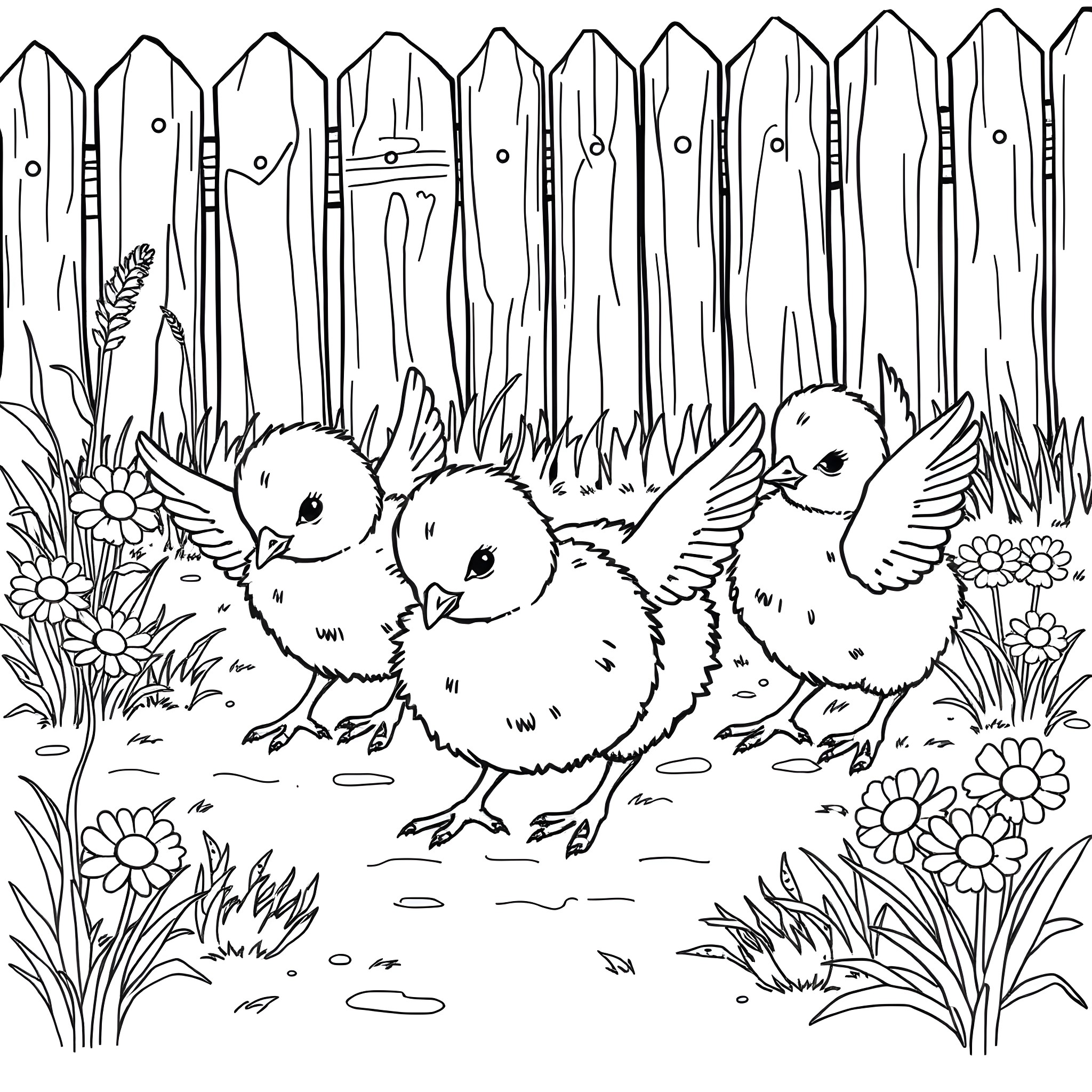 Chick's Playful Meadow Coloring Page (free black-and-white line drawing printable PDF for all, from beginners to advanced learners, including children, teens, adults, and seniors)