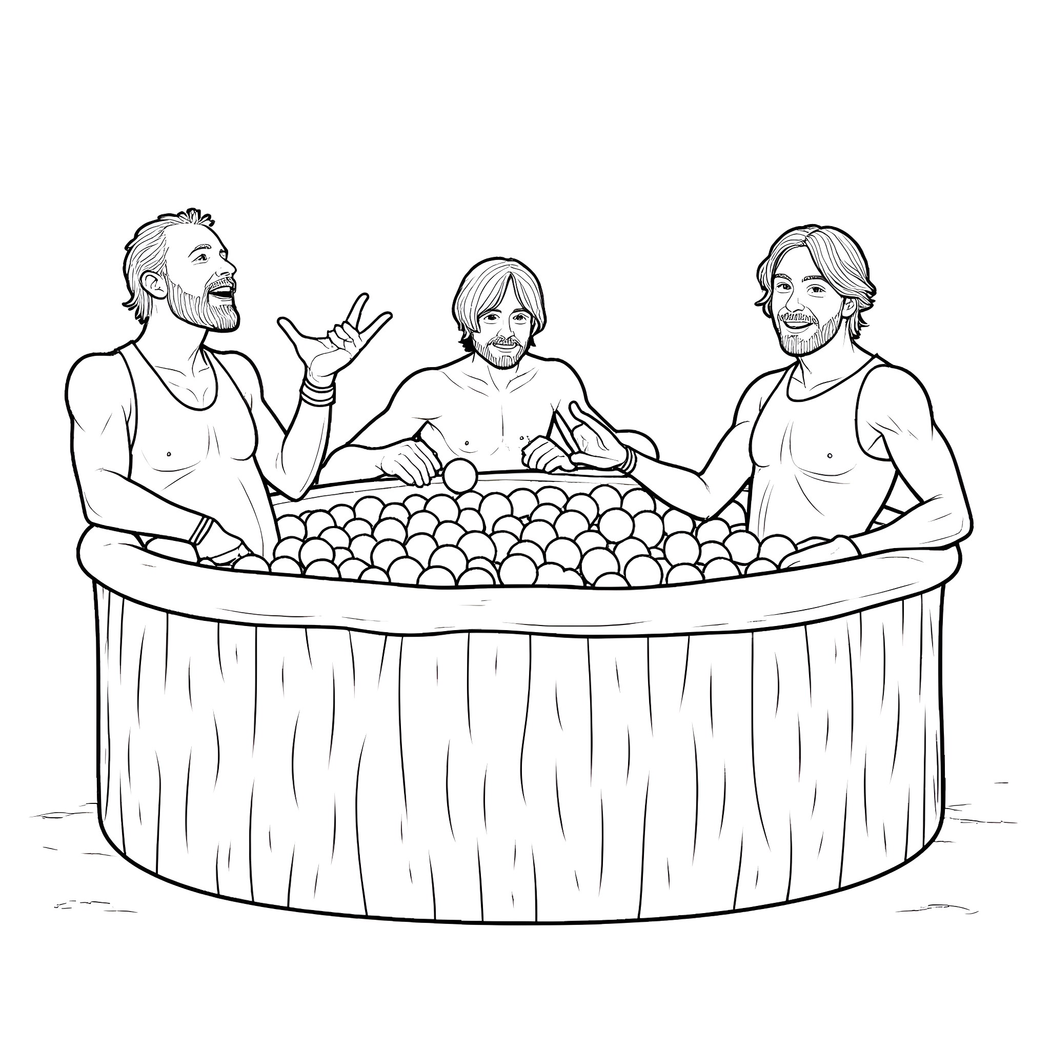 Metallica members enjoying a pool filled with balls Coloring Page (free black-and-white line drawing printable PDF for all, from beginners to advanced learners, including children, teens, adults, and seniors)
