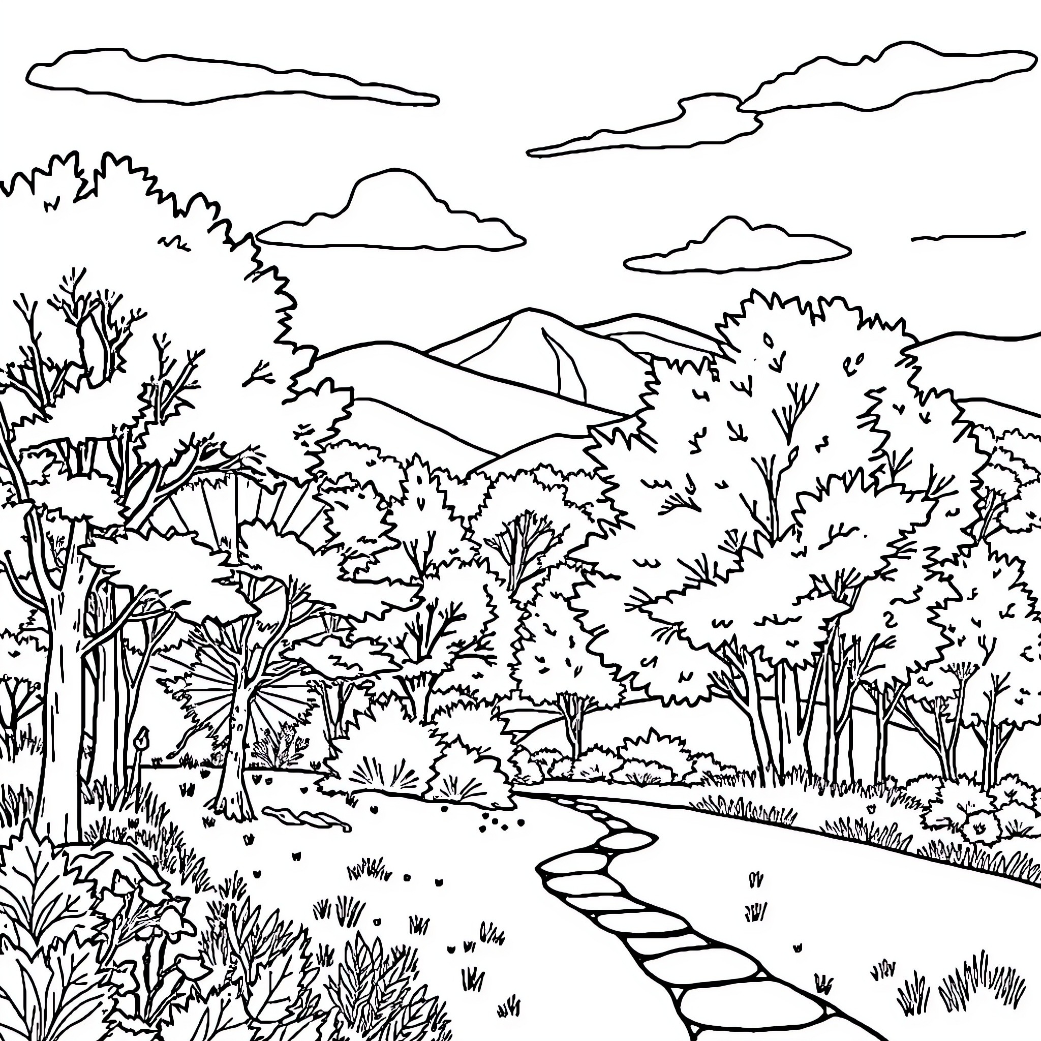 Autumn Landscape with Winding Path and Mountainous Backdrop Coloring Page (free black-and-white line drawing printable PDF for all, from beginners to advanced learners, including children, teens, adults, and seniors)