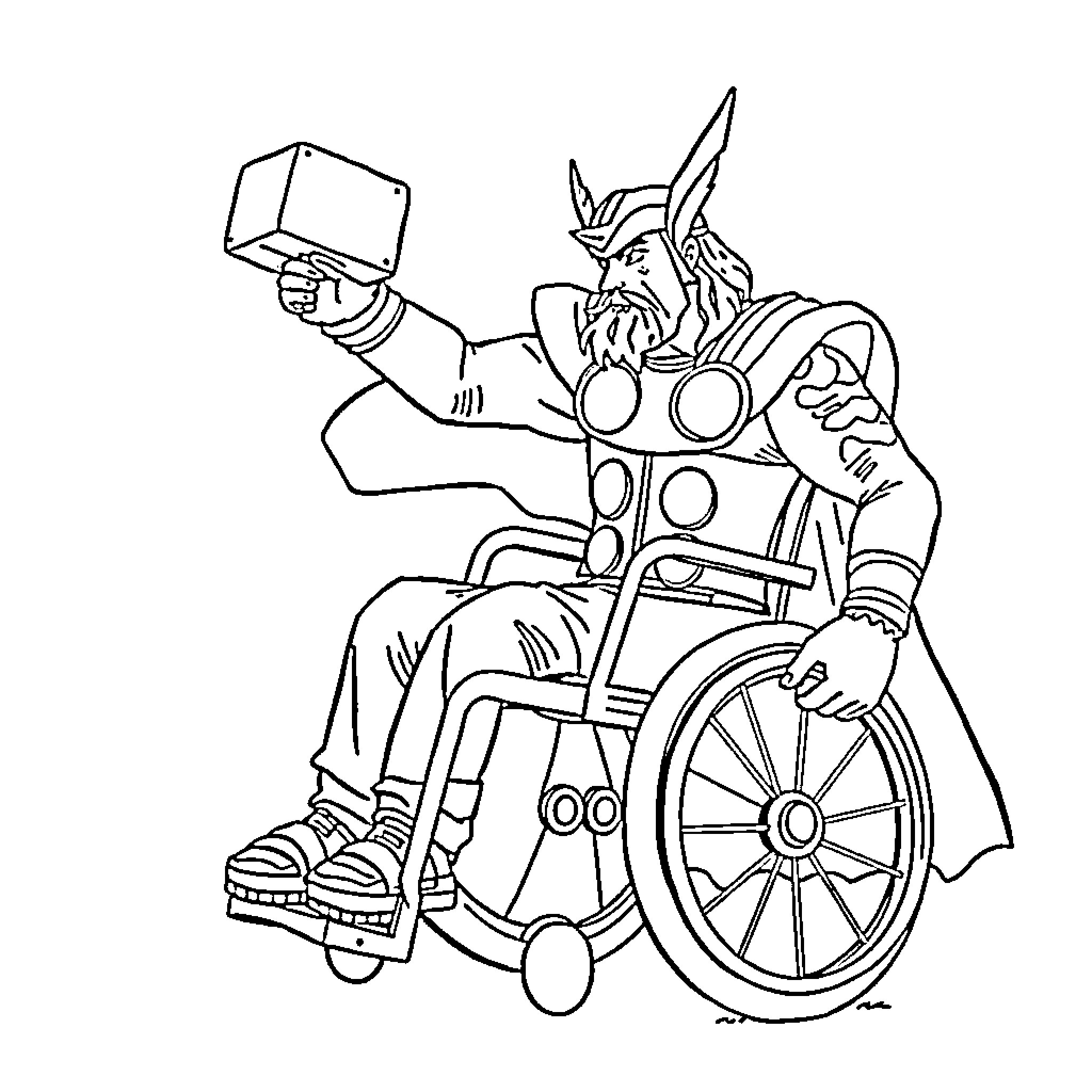 Boy in wheelchair wields a mighty hammer Coloring Page (free black-and-white line drawing printable PDF for all, from beginners to advanced learners, including children, teens, adults, and seniors)