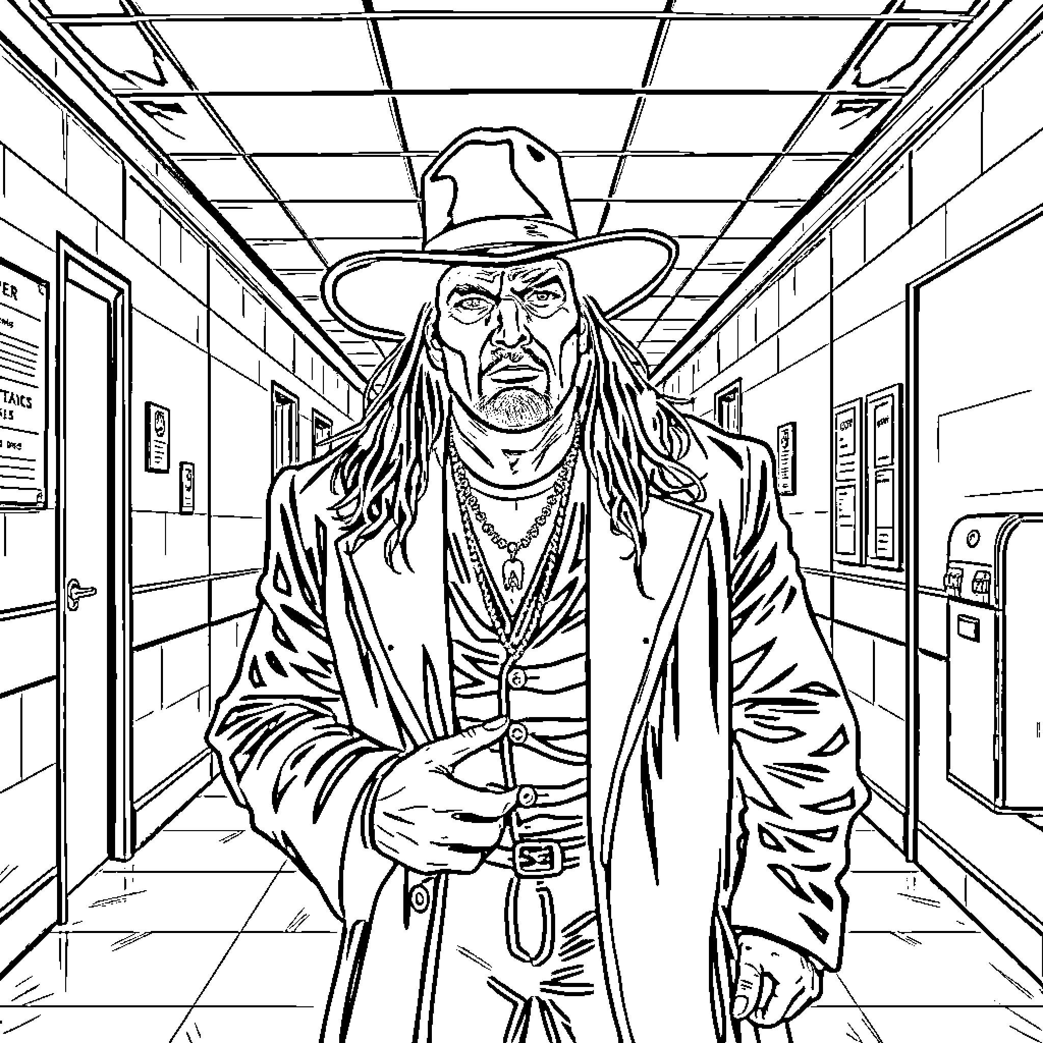 Undertaker walking menacingly through a dimly lit hallway Coloring Page (free black-and-white line drawing printable PDF for all, from beginners to advanced learners, including children, teens, adults, and seniors)