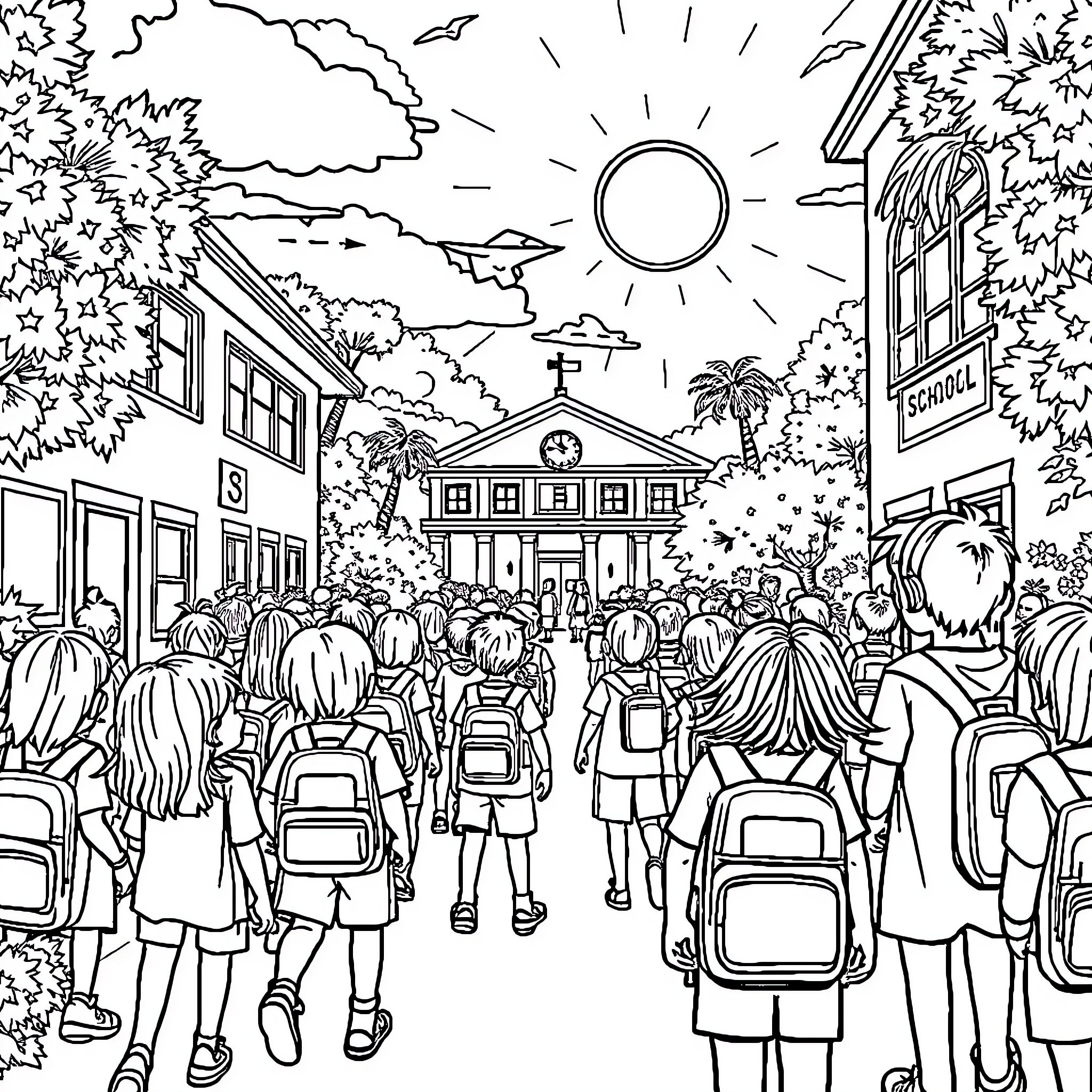 School's Lively Outdoor Gathering Coloring Page (free black-and-white line drawing printable PDF for all, from beginners to advanced learners, including children, teens, adults, and seniors)