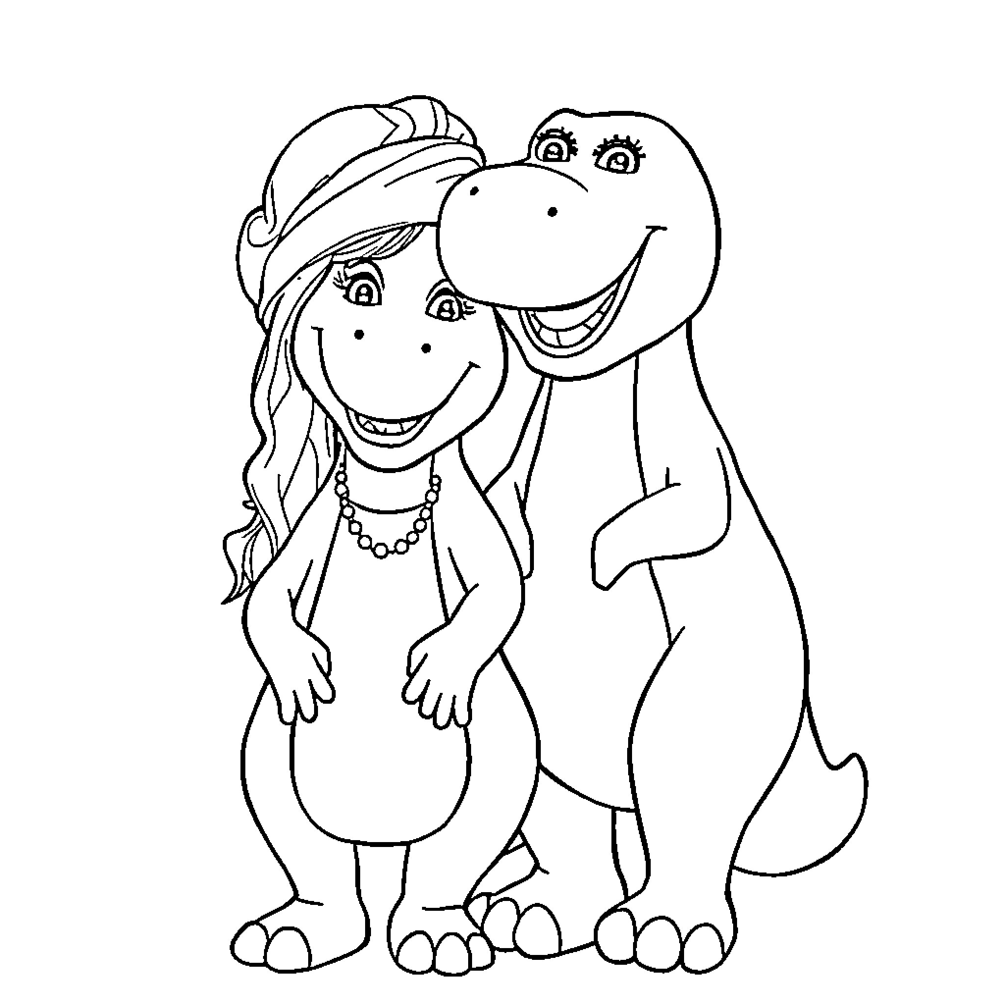 Nicki Minaj and dinosaur character in cheerful embrace Coloring Page (free black-and-white line drawing printable PDF for all, from beginners to advanced learners, including children, teens, adults, and seniors)