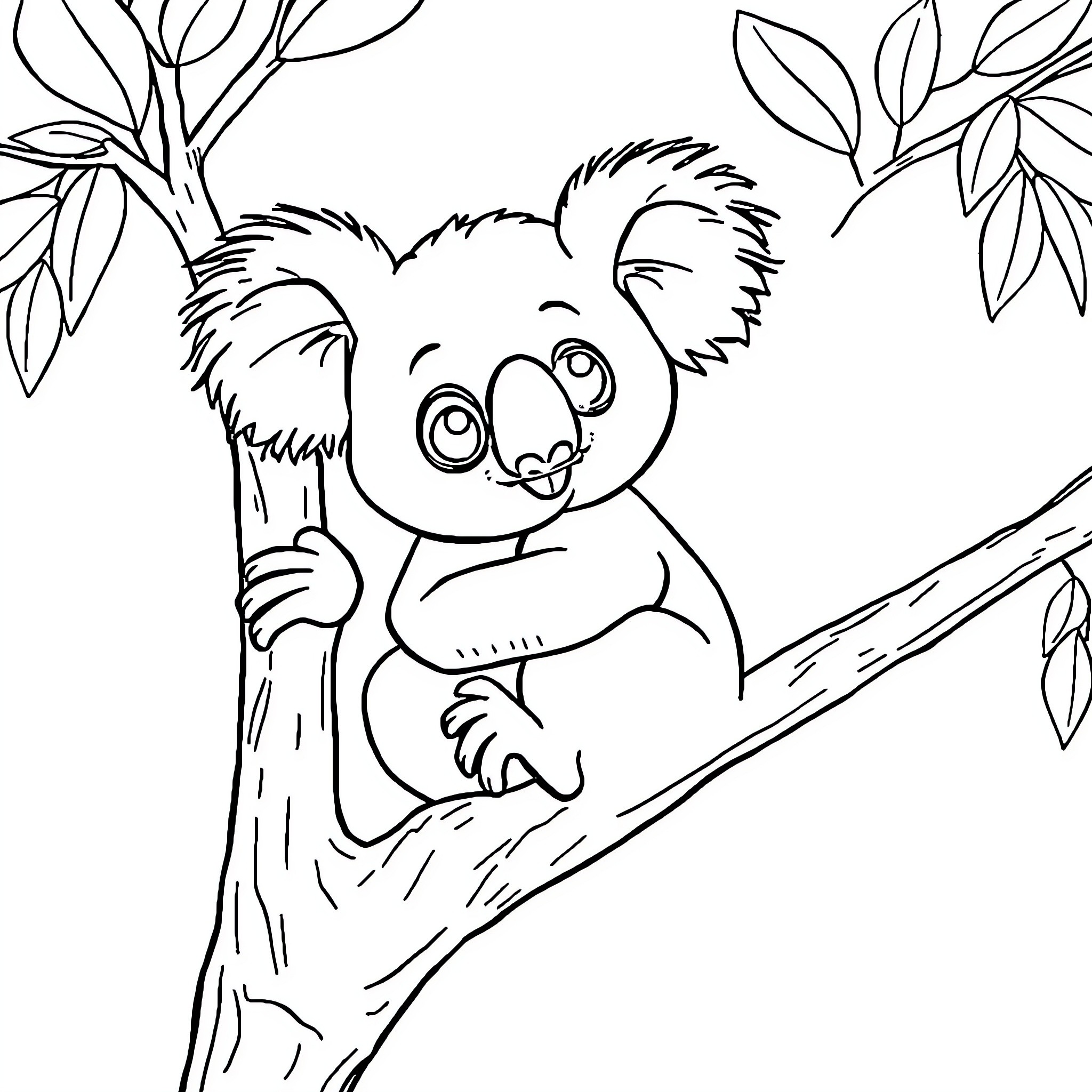 Koala resting peacefully in the tree Coloring Page (free black-and-white line drawing printable PDF for all, from beginners to advanced learners, including children, teens, adults, and seniors)