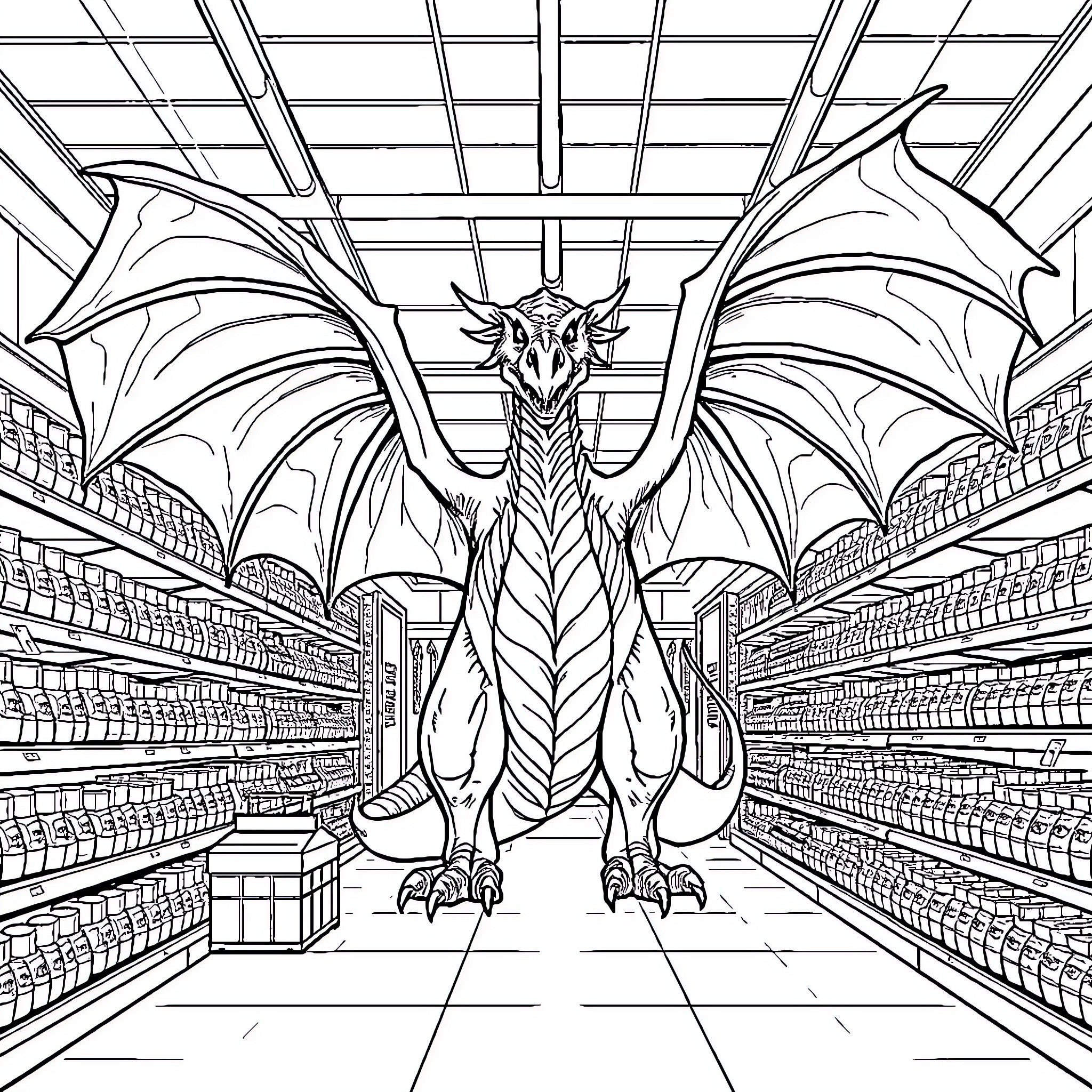 Dragon guarding the shelves in a vast library Coloring Page (free black-and-white line drawing printable PDF for all, from beginners to advanced learners, including children, teens, adults, and seniors)