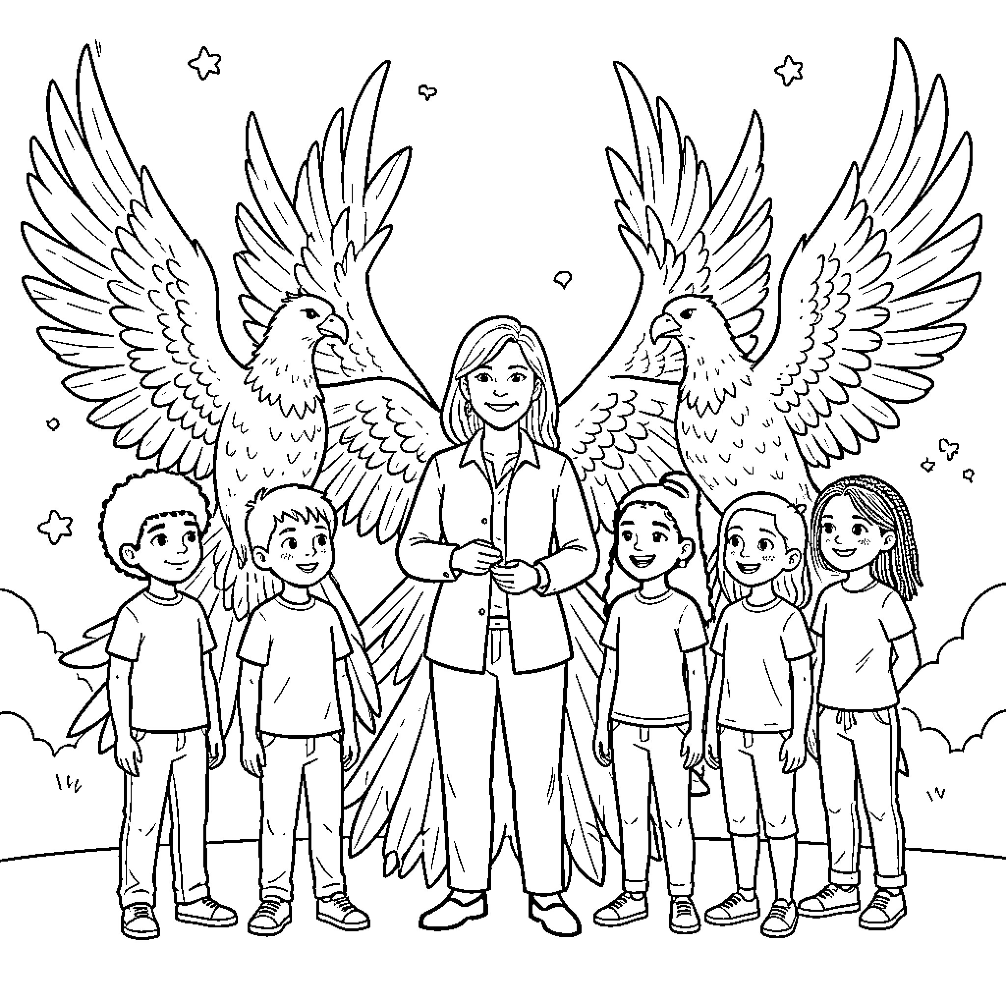 Phoenix children standing joyfully with large birds Coloring Page (free black-and-white line drawing printable PDF for all, from beginners to advanced learners, including children, teens, adults, and seniors)