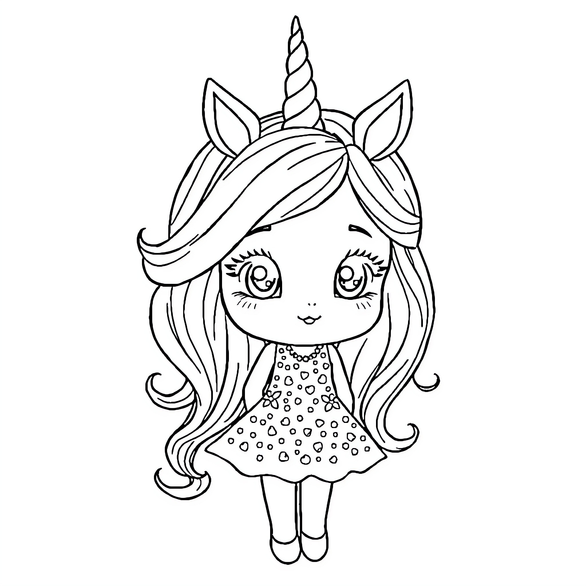 Unicorn girl with whimsical expression and outfit Coloring Page (free black-and-white line drawing printable PDF for all, from beginners to advanced learners, including children, teens, adults, and seniors)