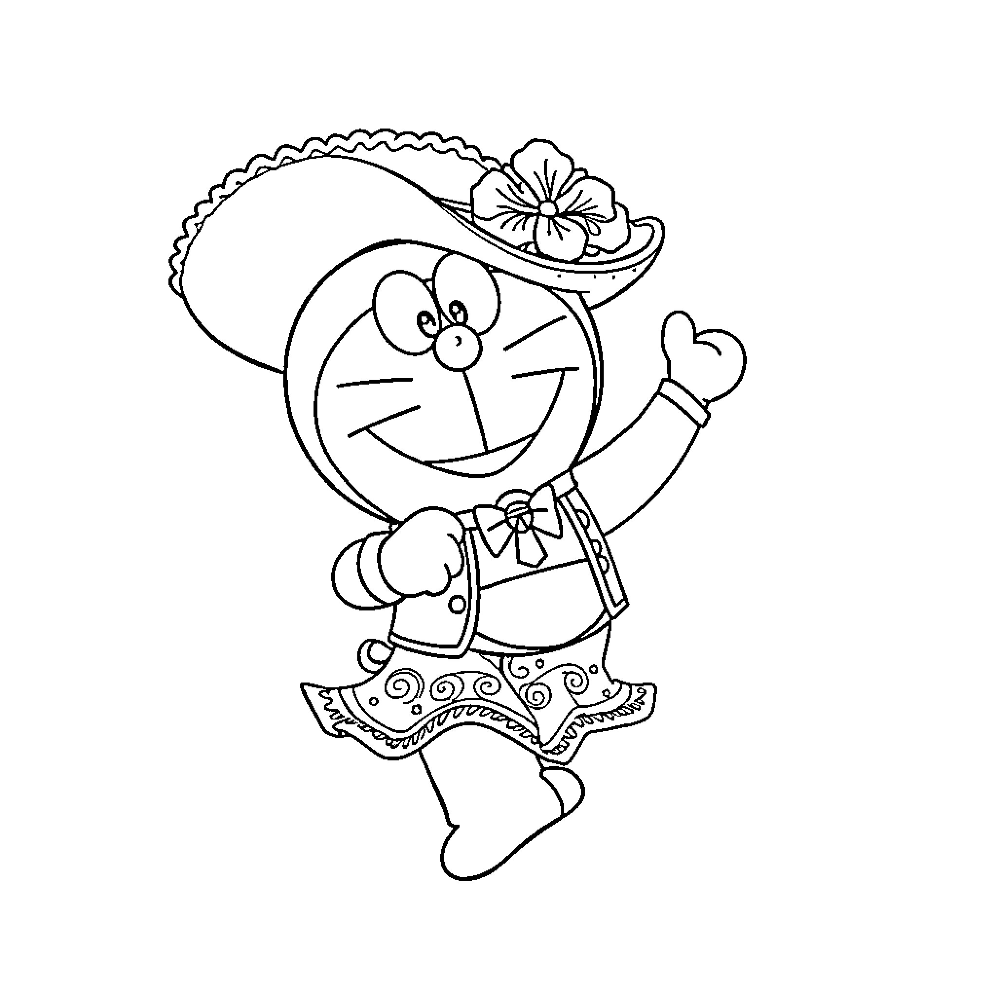 Doraemon in a whimsical outfit and pose Coloring Page (free black-and-white line drawing printable PDF for all, from beginners to advanced learners, including children, teens, adults, and seniors)