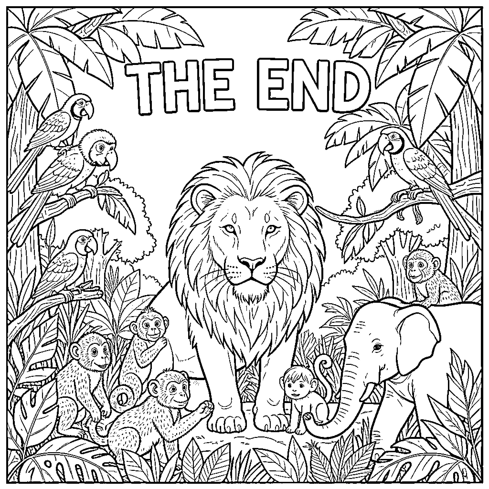Jungle Animal Themed Coloring Page with Text Coloring Page (free black-and-white line drawing printable PDF for all, from beginners to advanced learners, including children, teens, adults, and seniors)