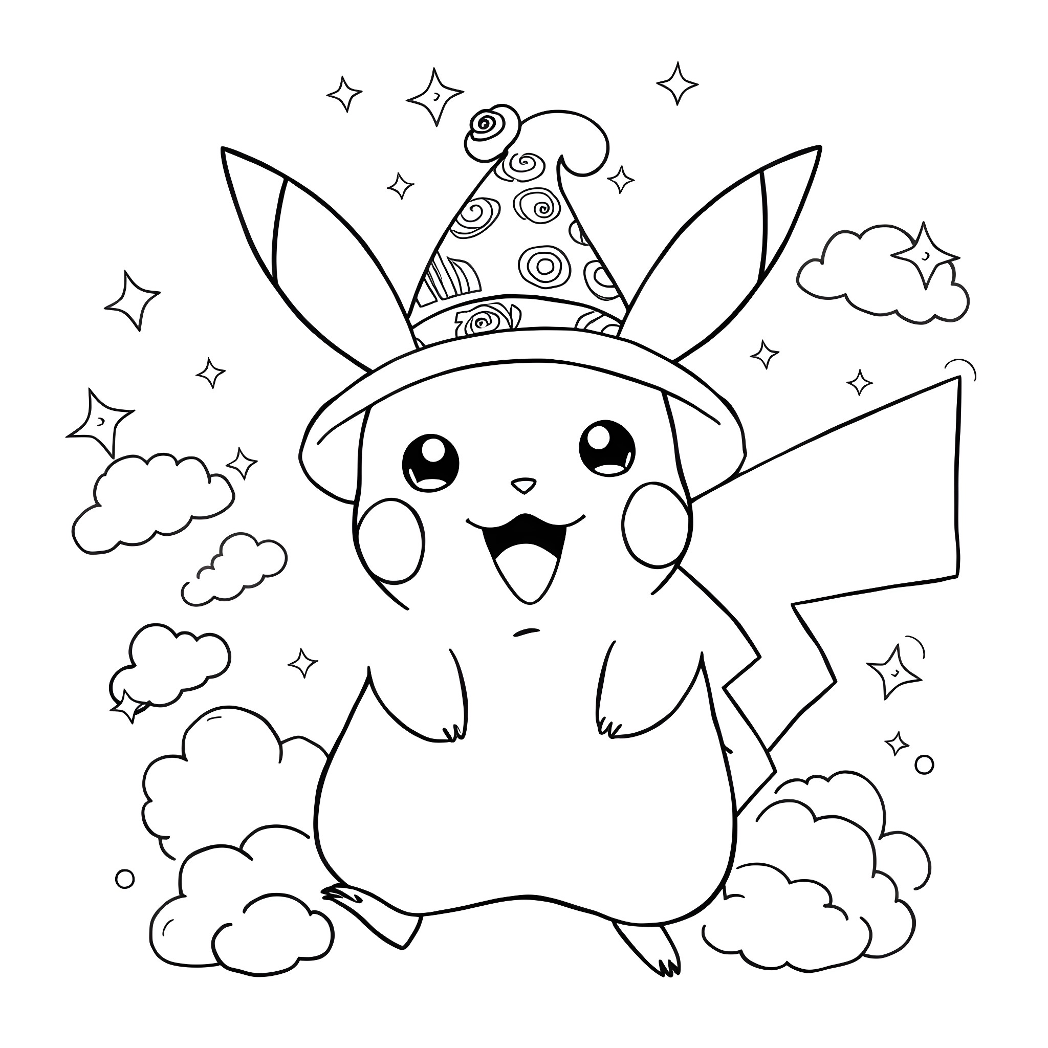 Pikachu wearing a party hat with clouds and stars Coloring Page (free black-and-white line drawing printable PDF for all, from beginners to advanced learners, including children, teens, adults, and seniors)