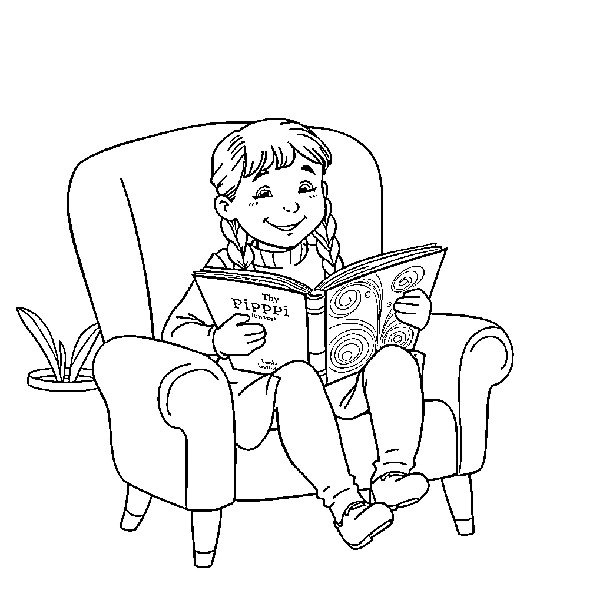 Pippi Longstocking reading a book in a cozy chair Coloring Page (free black-and-white line drawing printable PDF for all, from beginners to advanced learners, including children, teens, adults, and seniors)