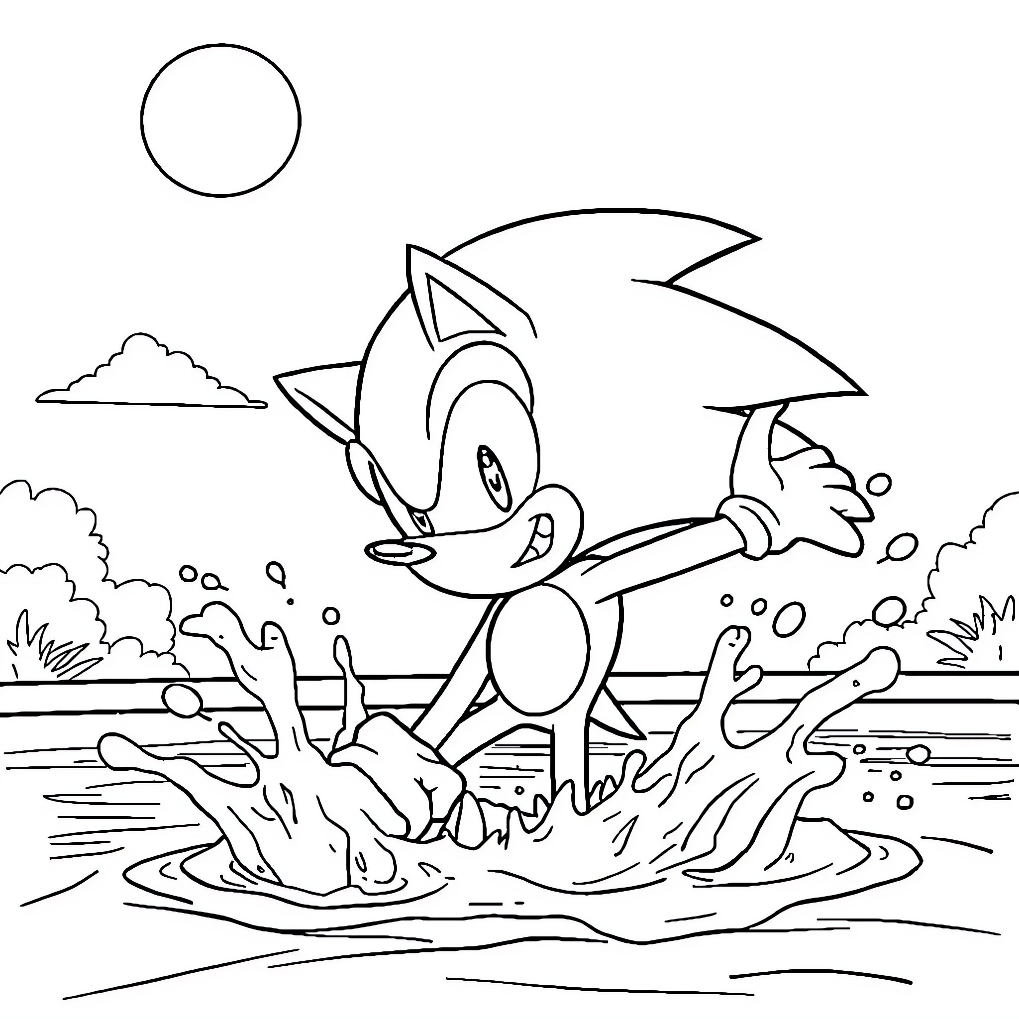 Sonic's Playful Splash Adventure Coloring Page (free black-and-white line drawing printable PDF for all, from beginners to advanced learners, including children, teens, adults, and seniors)