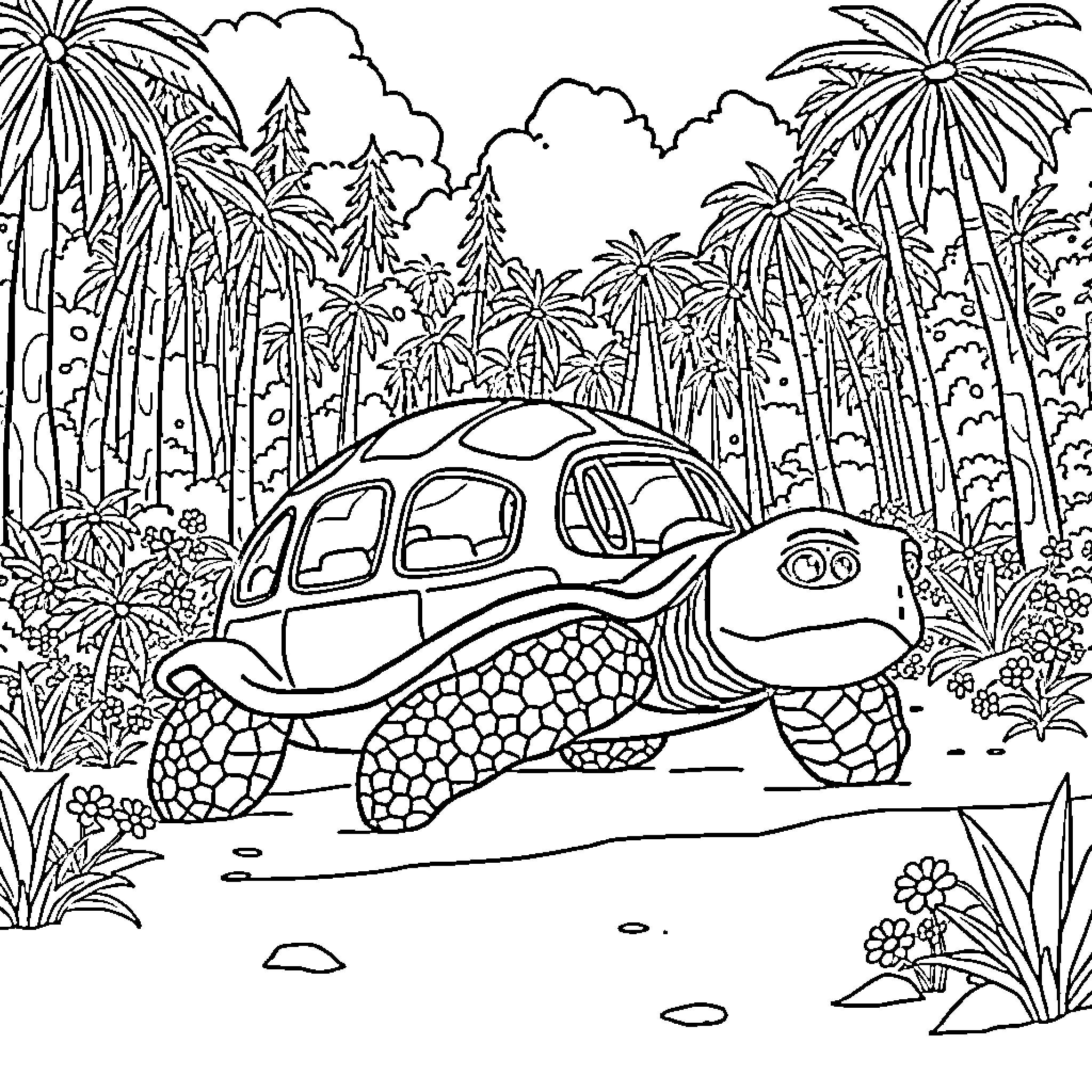 Tortuga's Tropical Adventure Coloring Page (free black-and-white line drawing printable PDF for all, from beginners to advanced learners, including children, teens, adults, and seniors)