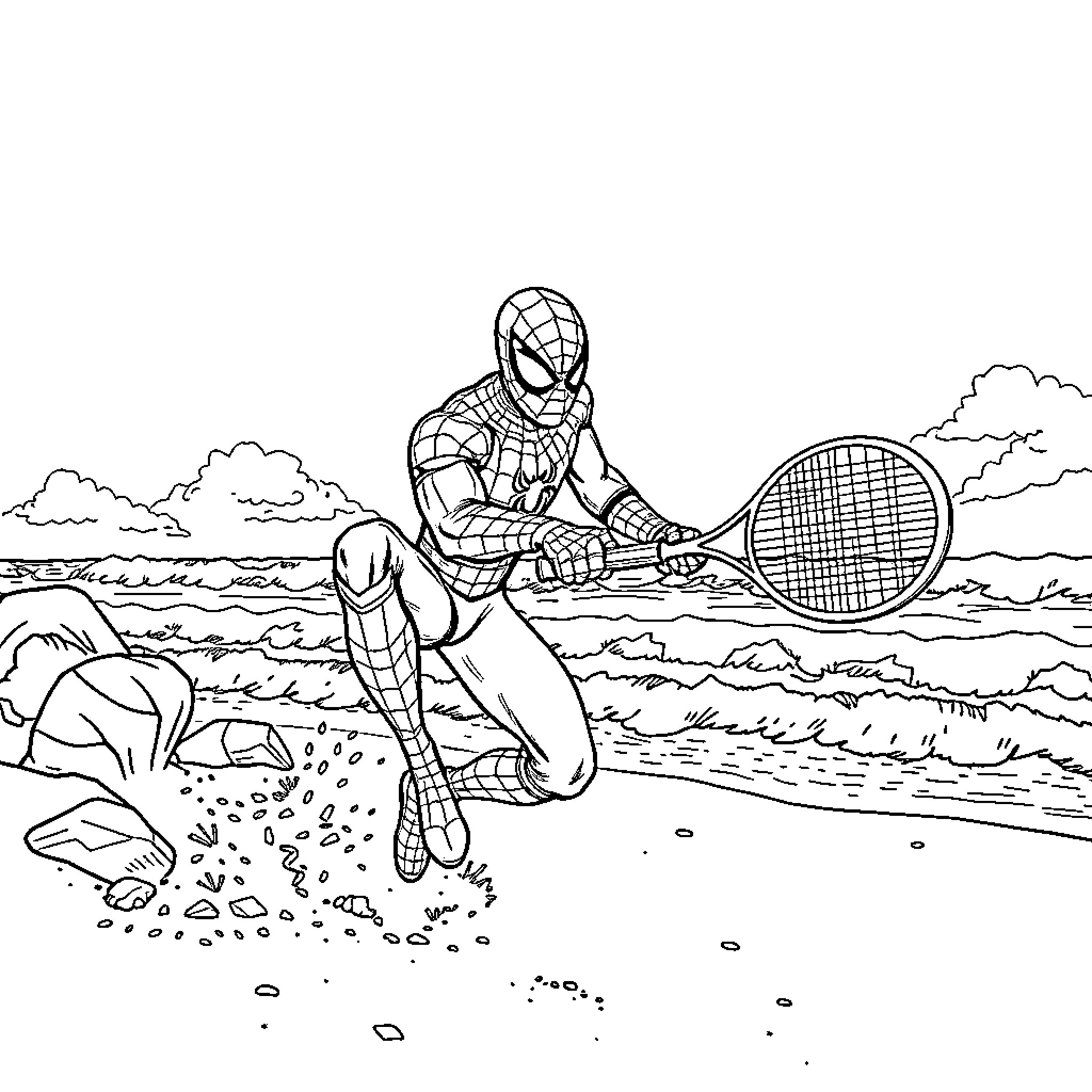 Spiderman swings into action on the beach Coloring Page (free black-and-white line drawing printable PDF for all, from beginners to advanced learners, including children, teens, adults, and seniors)