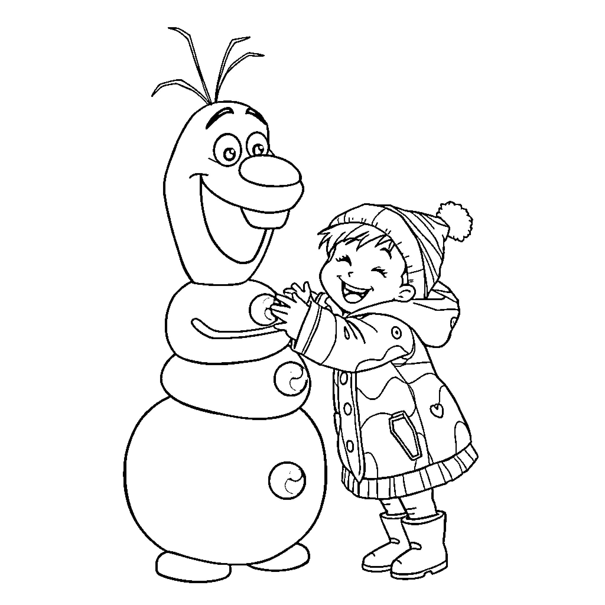 Olaf enjoying playtime with a young girl Coloring Page (free black-and-white line drawing printable PDF for all, from beginners to advanced learners, including children, teens, adults, and seniors)