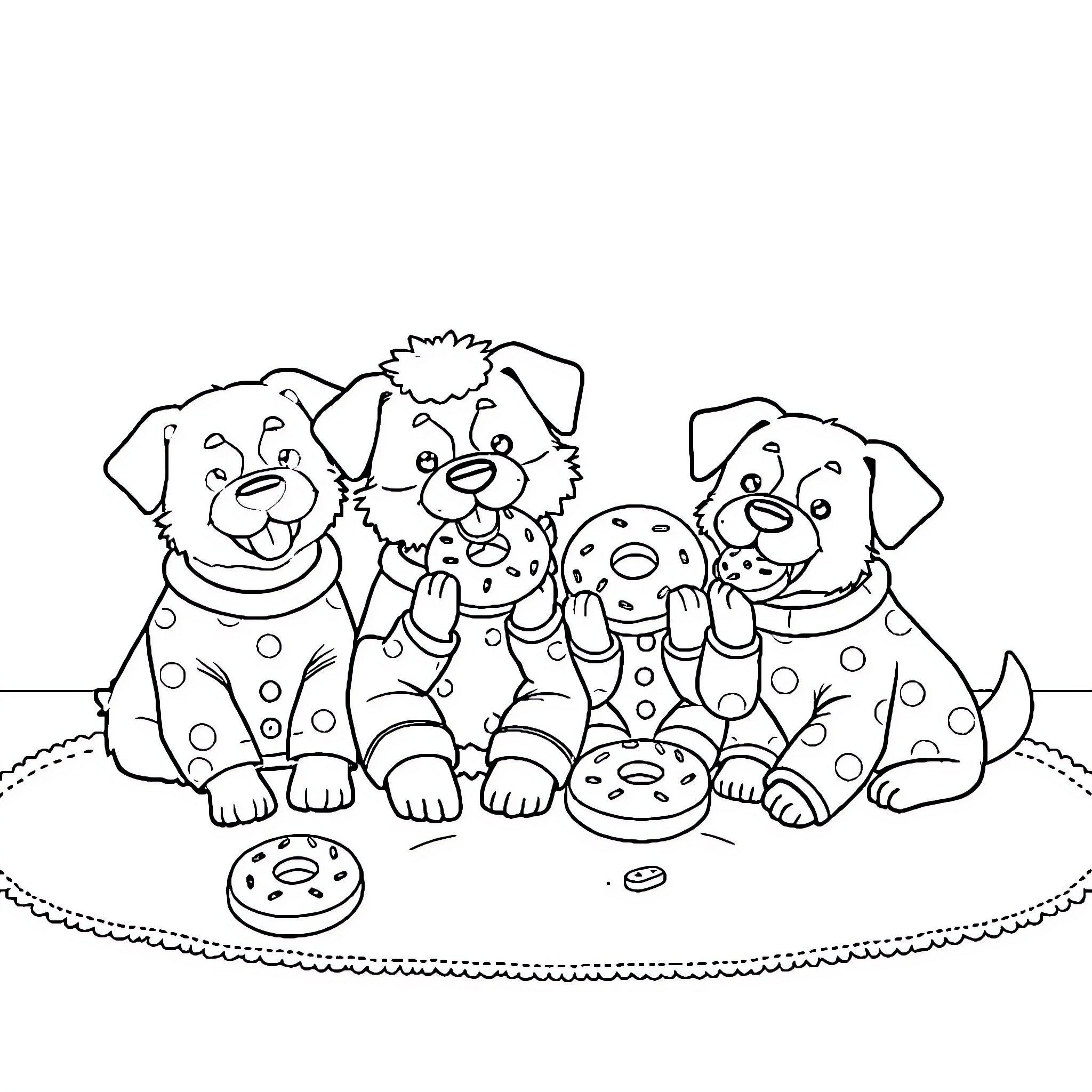 Dog friends playing with toys happily together Coloring Page (free black-and-white line drawing printable PDF for all, from beginners to advanced learners, including children, teens, adults, and seniors)