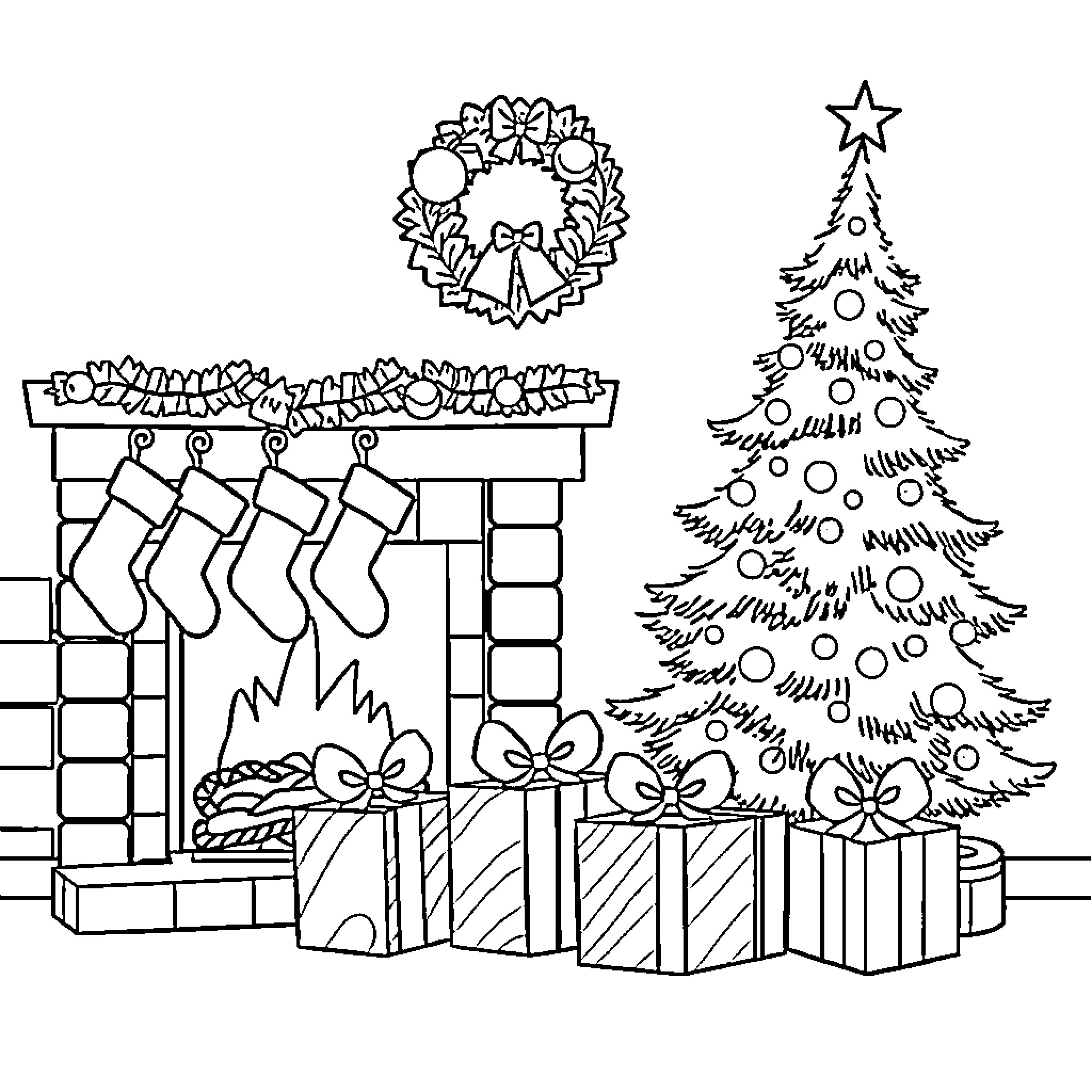 Fireplace with Christmas Decorations and Tree Coloring Page (free black-and-white line drawing printable PDF for all, from beginners to advanced learners, including children, teens, adults, and seniors)