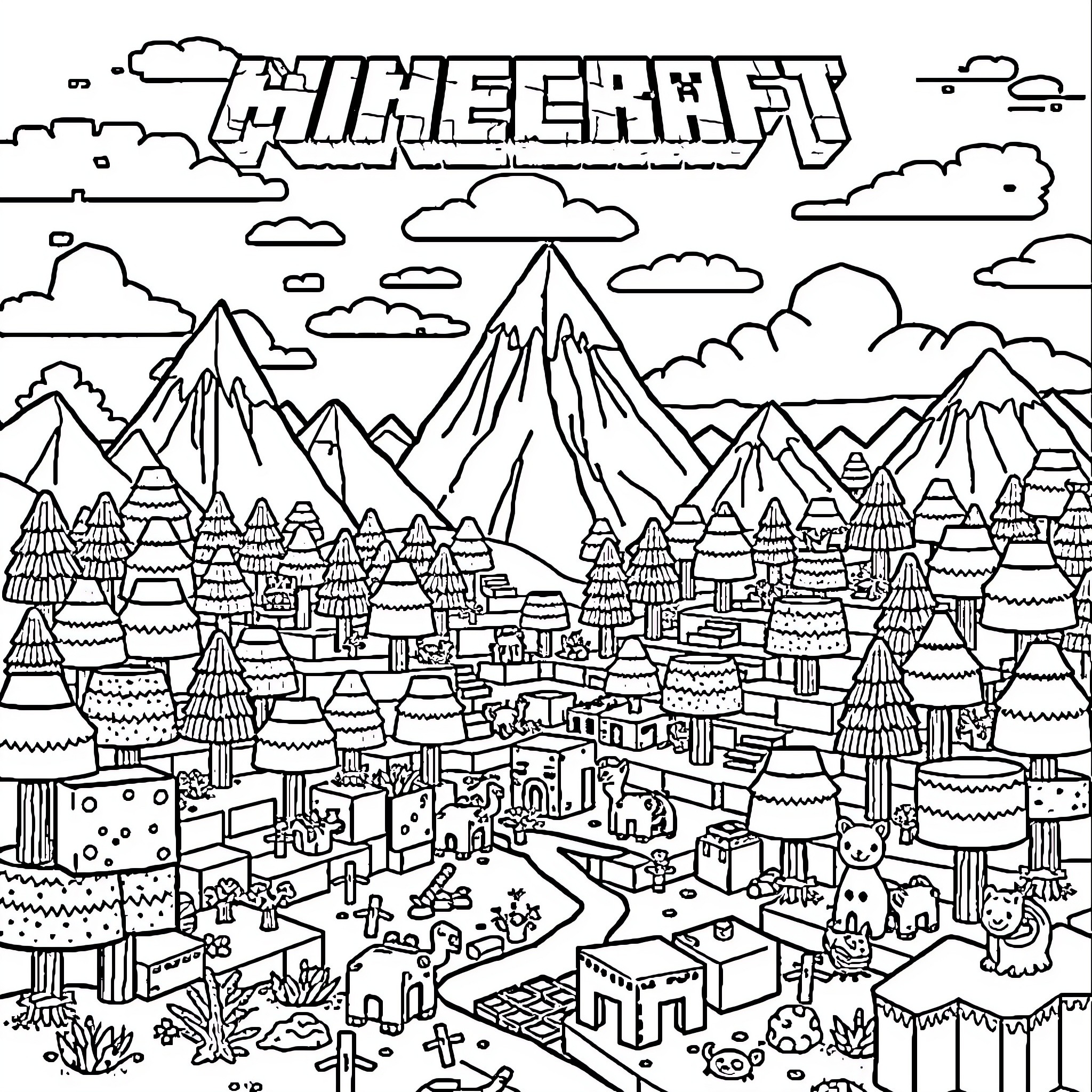 Minecraft Landscape with Mountains, Trees, and Buildings Coloring Page (free black-and-white line drawing printable PDF for all, from beginners to advanced learners, including children, teens, adults, and seniors)