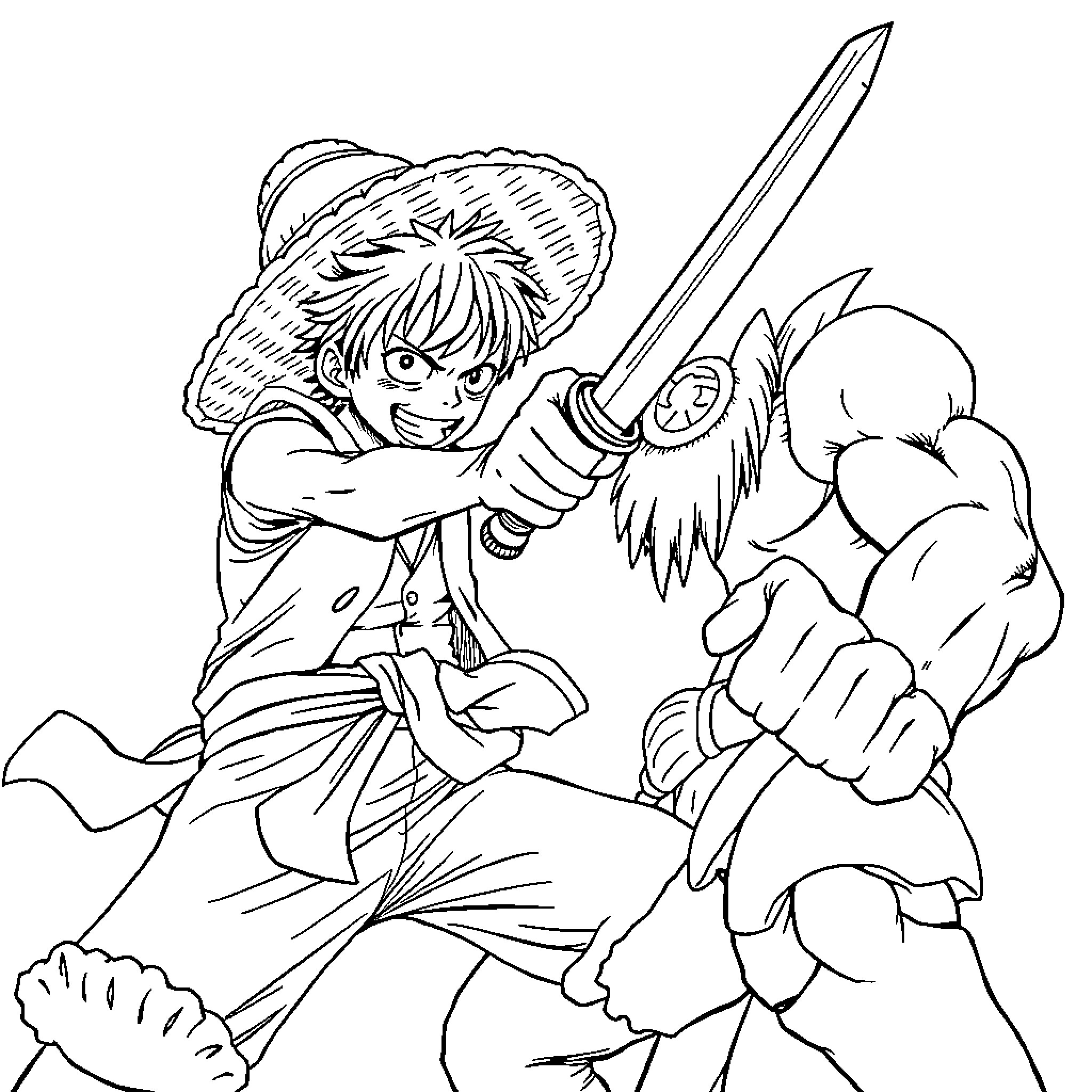 Luffy wielding sword in fierce battle Coloring Page (free black-and-white line drawing printable PDF for all, from beginners to advanced learners, including children, teens, adults, and seniors)