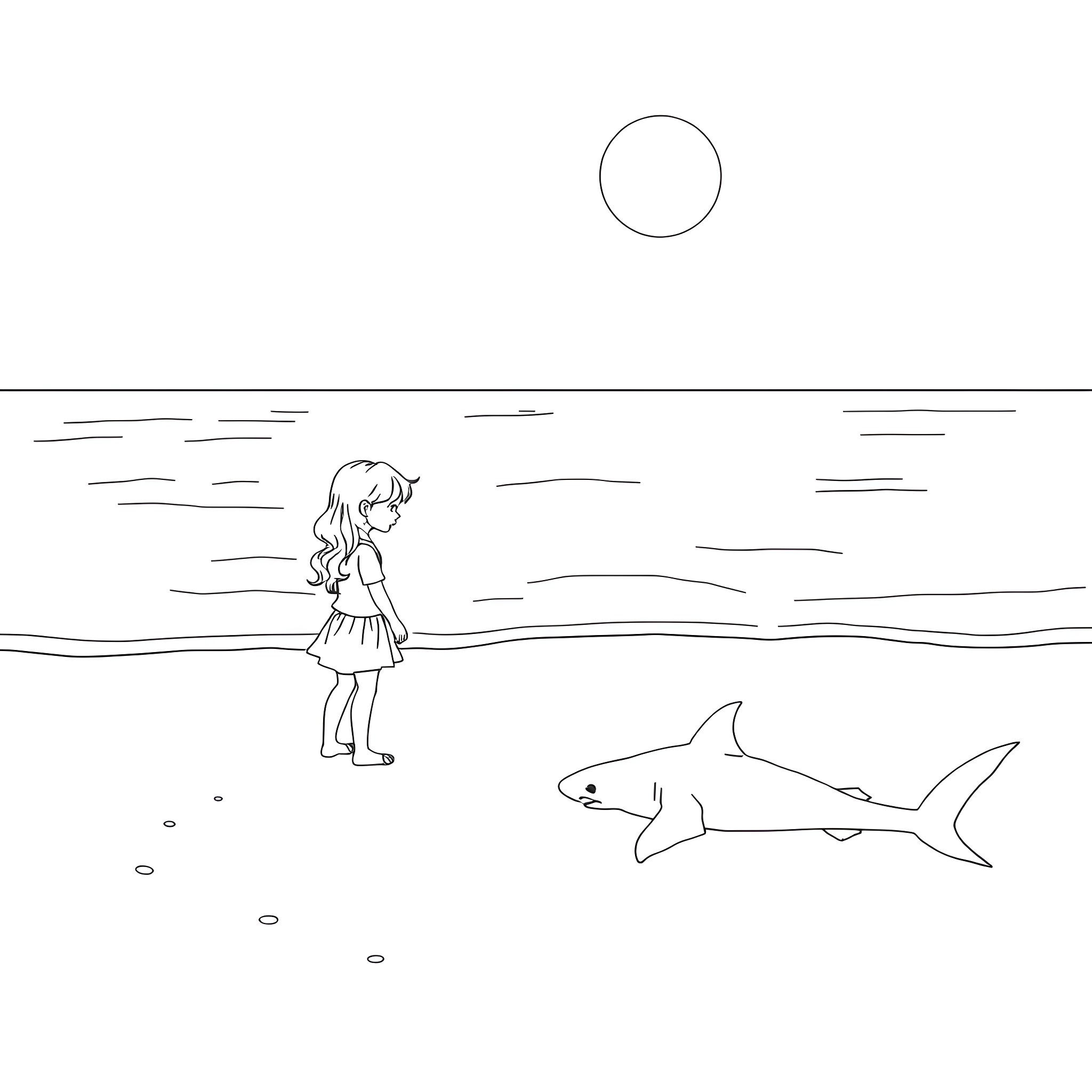 Girl gazing at the shark in the ocean Coloring Page (free black-and-white line drawing printable PDF for all, from beginners to advanced learners, including children, teens, adults, and seniors)