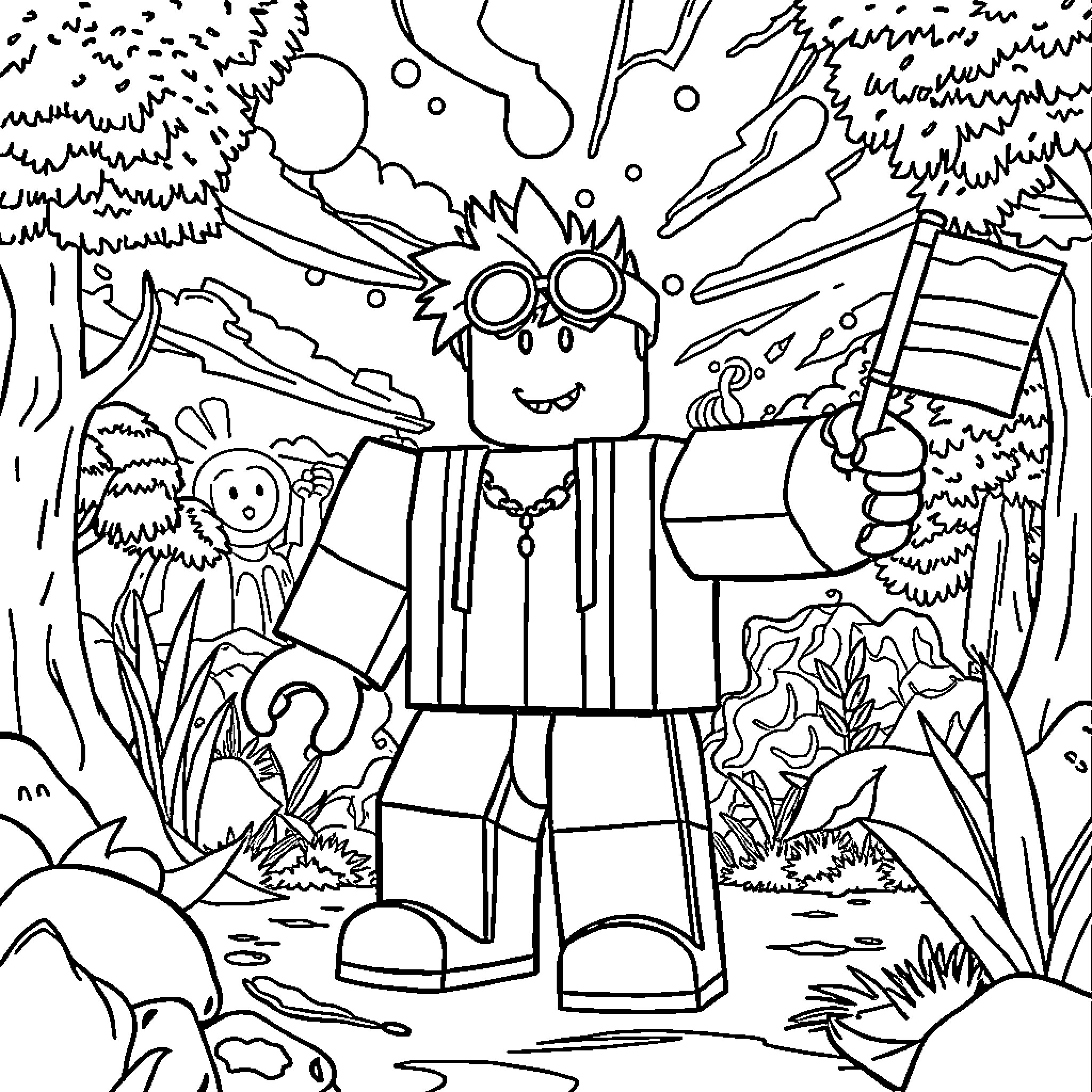 Roblox character exploring a whimsical forest scene Coloring Page (free black-and-white line drawing printable PDF for all, from beginners to advanced learners, including children, teens, adults, and seniors)