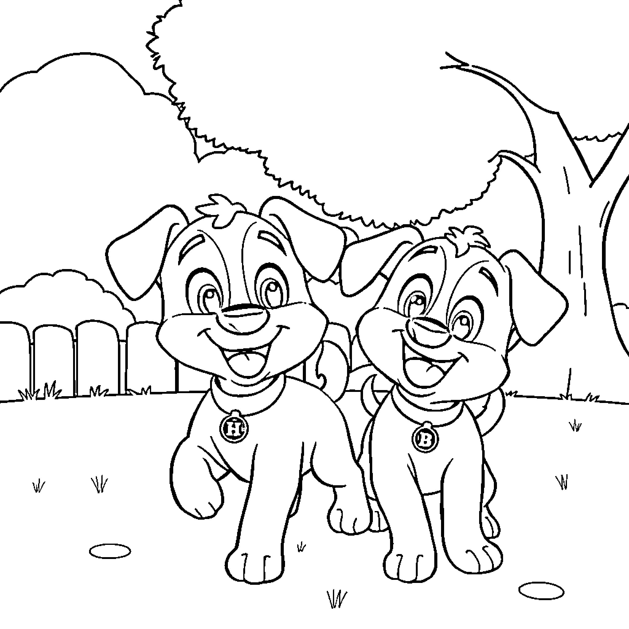 Bluey's Puppy Playmates in the Park Coloring Page (free black-and-white line drawing printable PDF for all, from beginners to advanced learners, including children, teens, adults, and seniors)