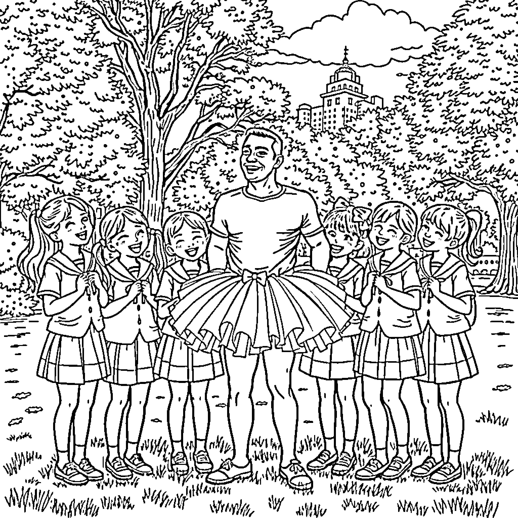 Man leading a dance with group of children in park Coloring Page (free black-and-white line drawing printable PDF for all, from beginners to advanced learners, including children, teens, adults, and seniors)