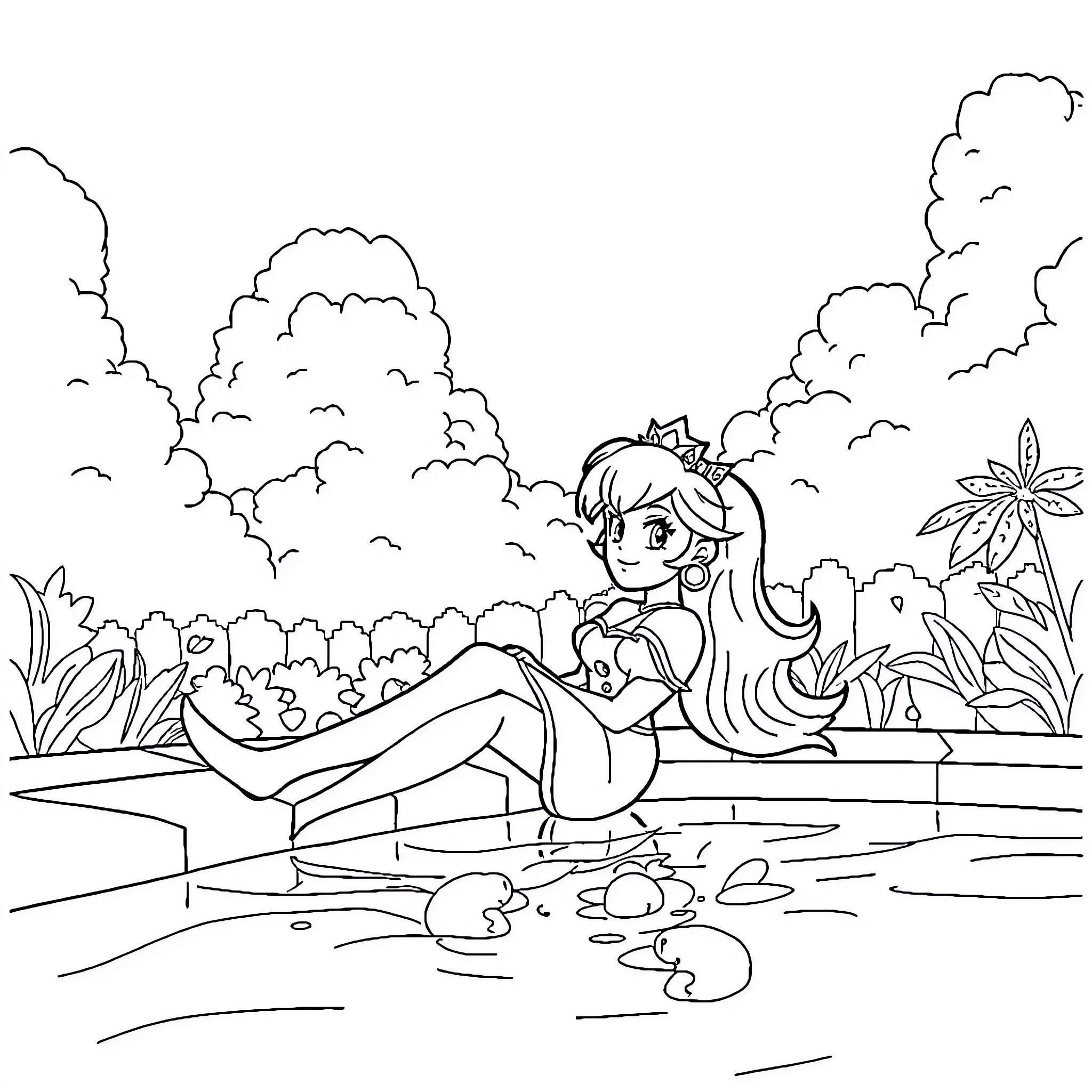 Princess Peach relaxing in a peaceful garden Coloring Page (free black-and-white line drawing printable PDF for all, from beginners to advanced learners, including children, teens, adults, and seniors)