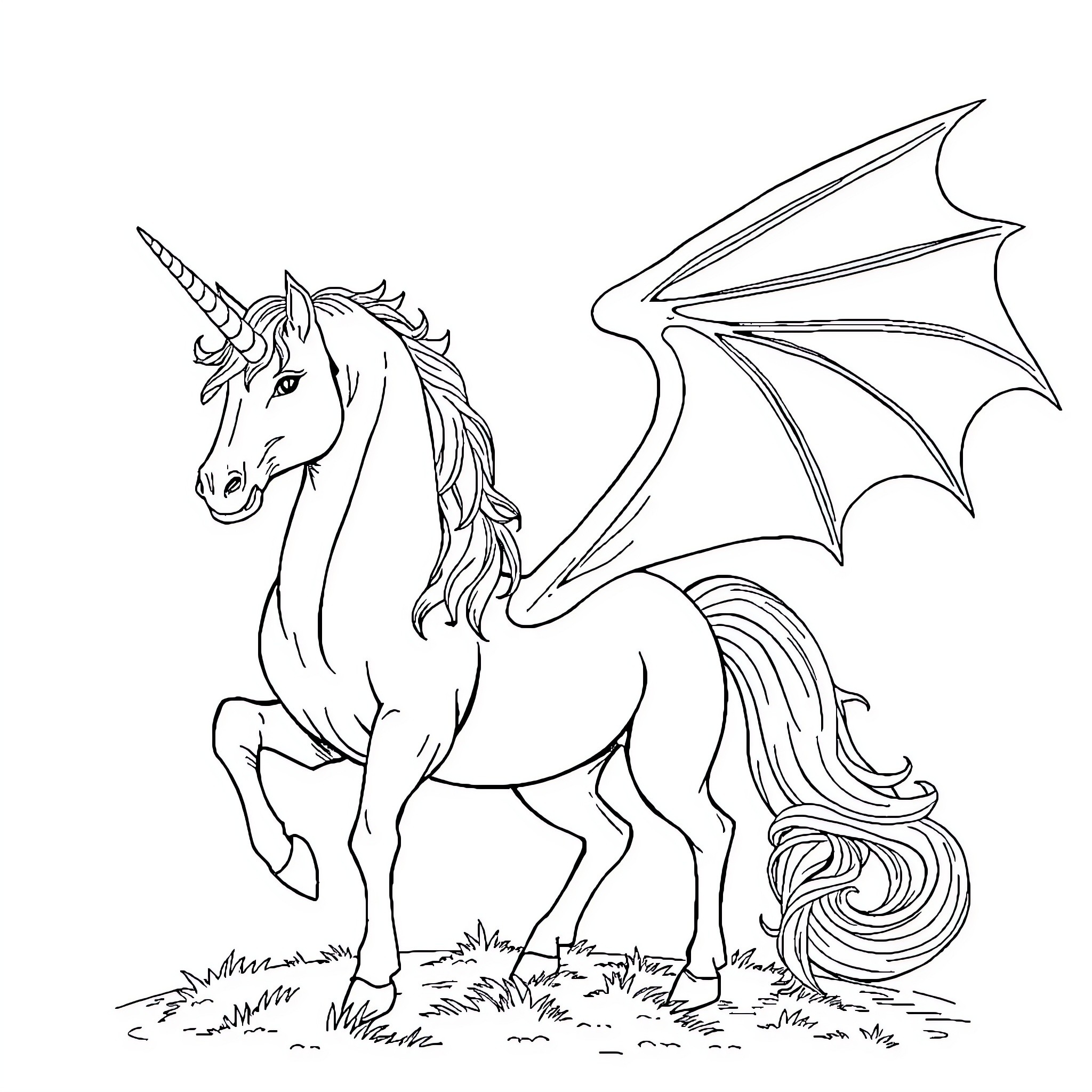 Unicorn Soaring Gracefully in Meadow Coloring Page (free black-and-white line drawing printable PDF for all, from beginners to advanced learners, including children, teens, adults, and seniors)