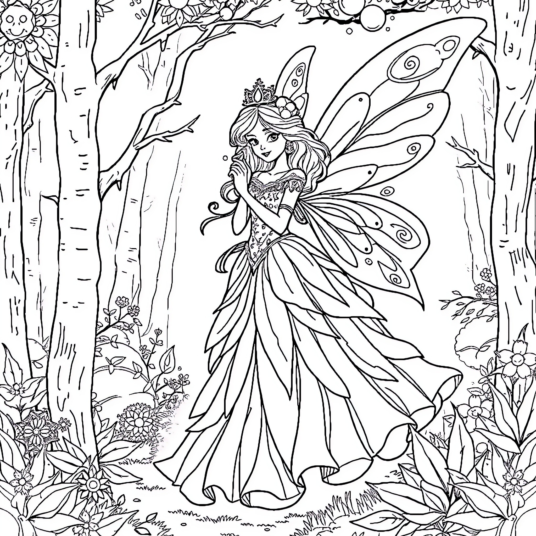 Fairy Princess in a Magical Forest Coloring Page (free black-and-white line drawing printable PDF for all, from beginners to advanced learners, including children, teens, adults, and seniors)