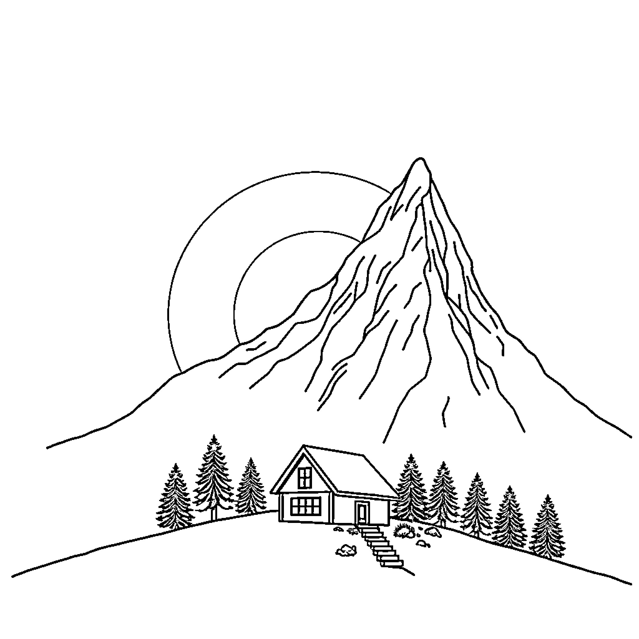 Mountain cabin in scenic landscape Coloring Page (free black-and-white line drawing printable PDF for all, from beginners to advanced learners, including children, teens, adults, and seniors)