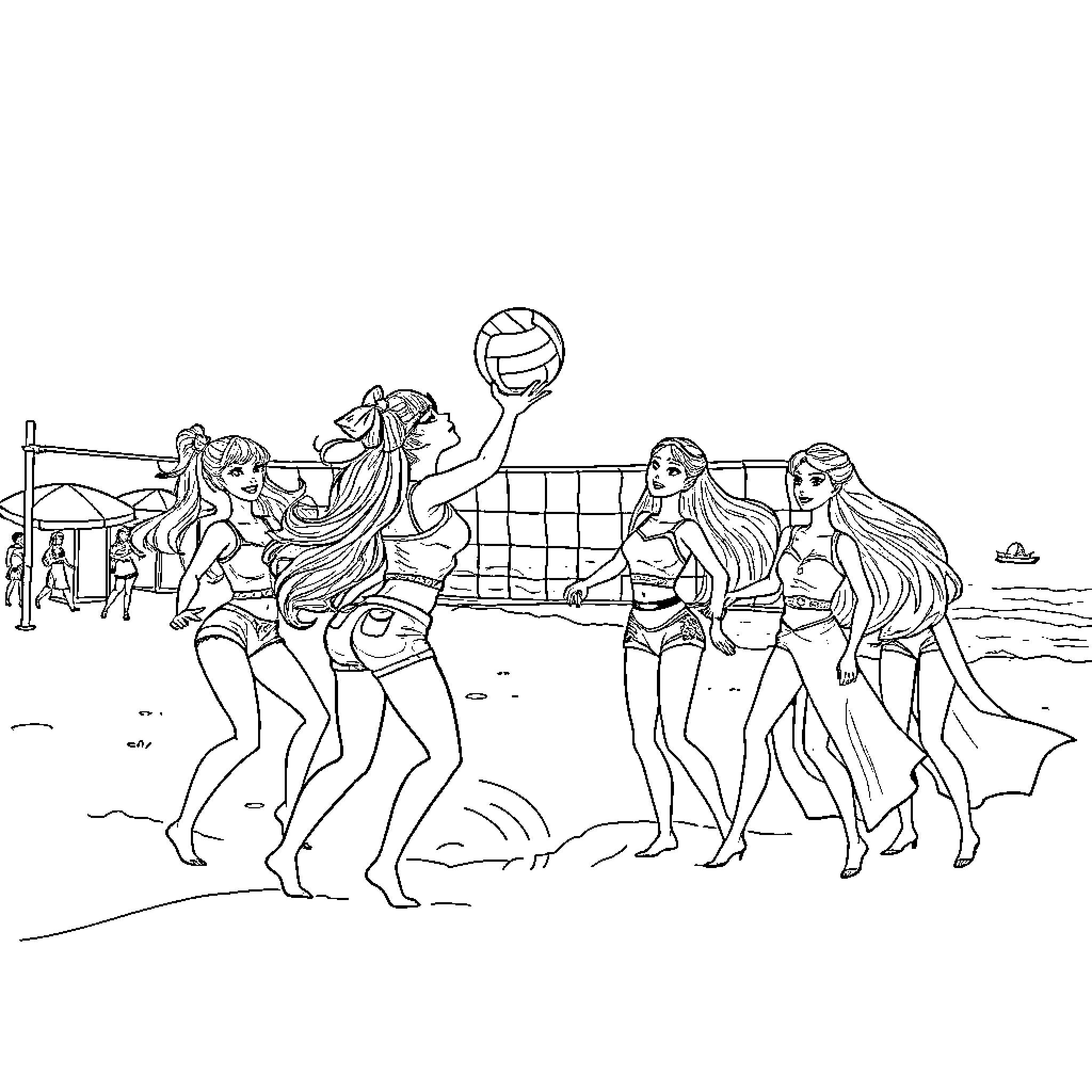 K Pop Warrior Women Competing in Beach Volleyball Coloring Page (free black-and-white line drawing printable PDF for all, from beginners to advanced learners, including children, teens, adults, and seniors)