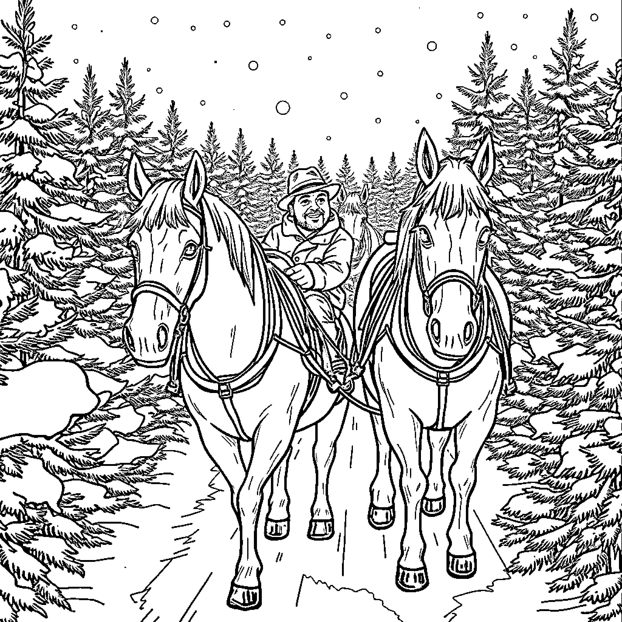Man riding two horses through snowy forest Coloring Page (free black-and-white line drawing printable PDF for all, from beginners to advanced learners, including children, teens, adults, and seniors)