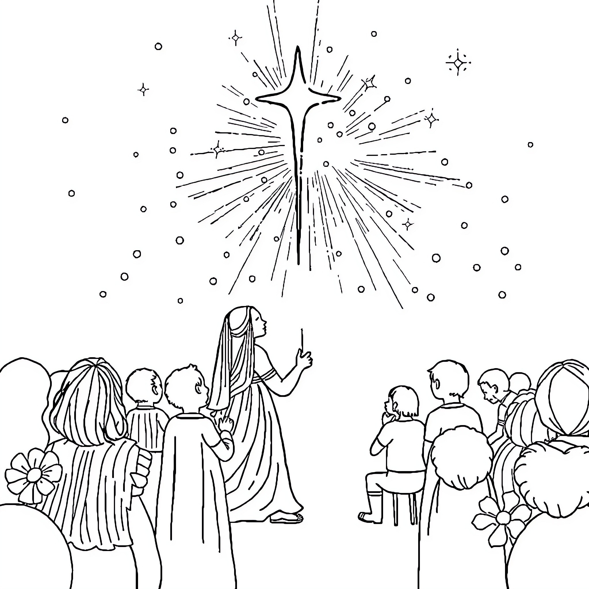 Miraculous celestial event witnessed by people Coloring Page (free black-and-white line drawing printable PDF for all, from beginners to advanced learners, including children, teens, adults, and seniors)