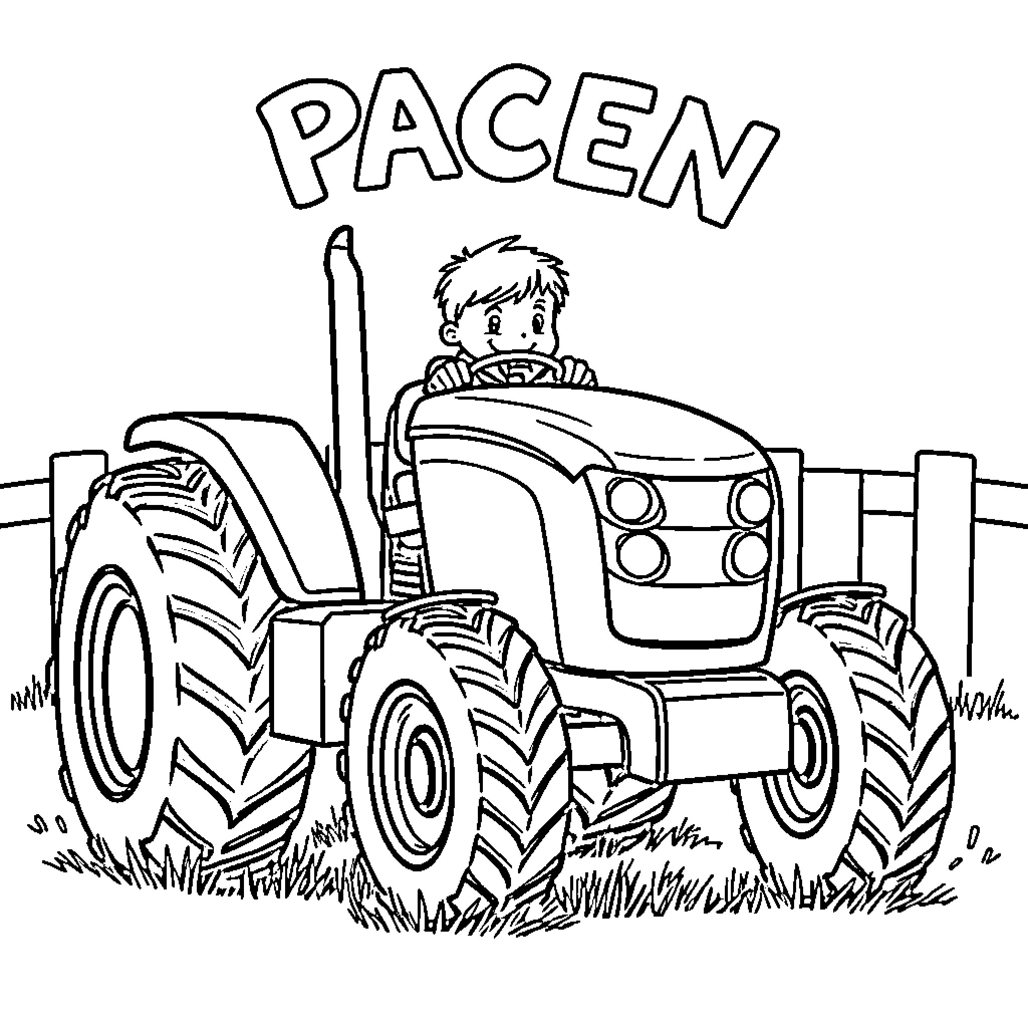 Tractor in the field with a young farmer Coloring Page (free black-and-white line drawing printable PDF for all, from beginners to advanced learners, including children, teens, adults, and seniors)