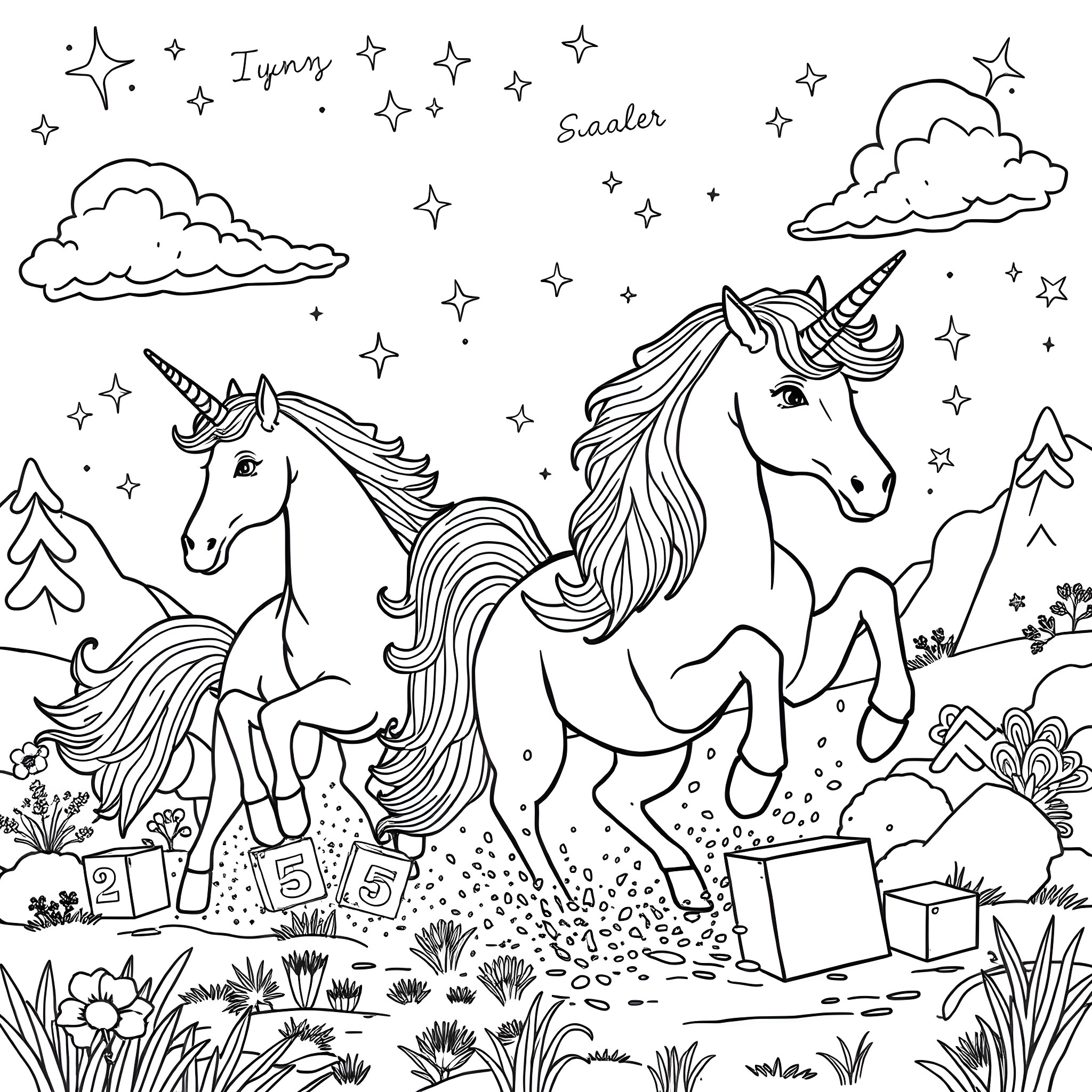 Unicorn frolicking in a magical forest with stars Coloring Page (free black-and-white line drawing printable PDF for all, from beginners to advanced learners, including children, teens, adults, and seniors)