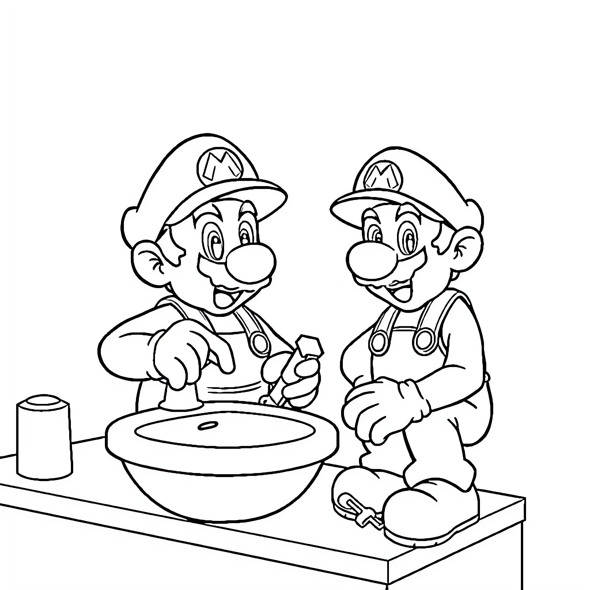 Mario Brothers cooking together Coloring Page (free black-and-white line drawing printable PDF for all, from beginners to advanced learners, including children, teens, adults, and seniors)
