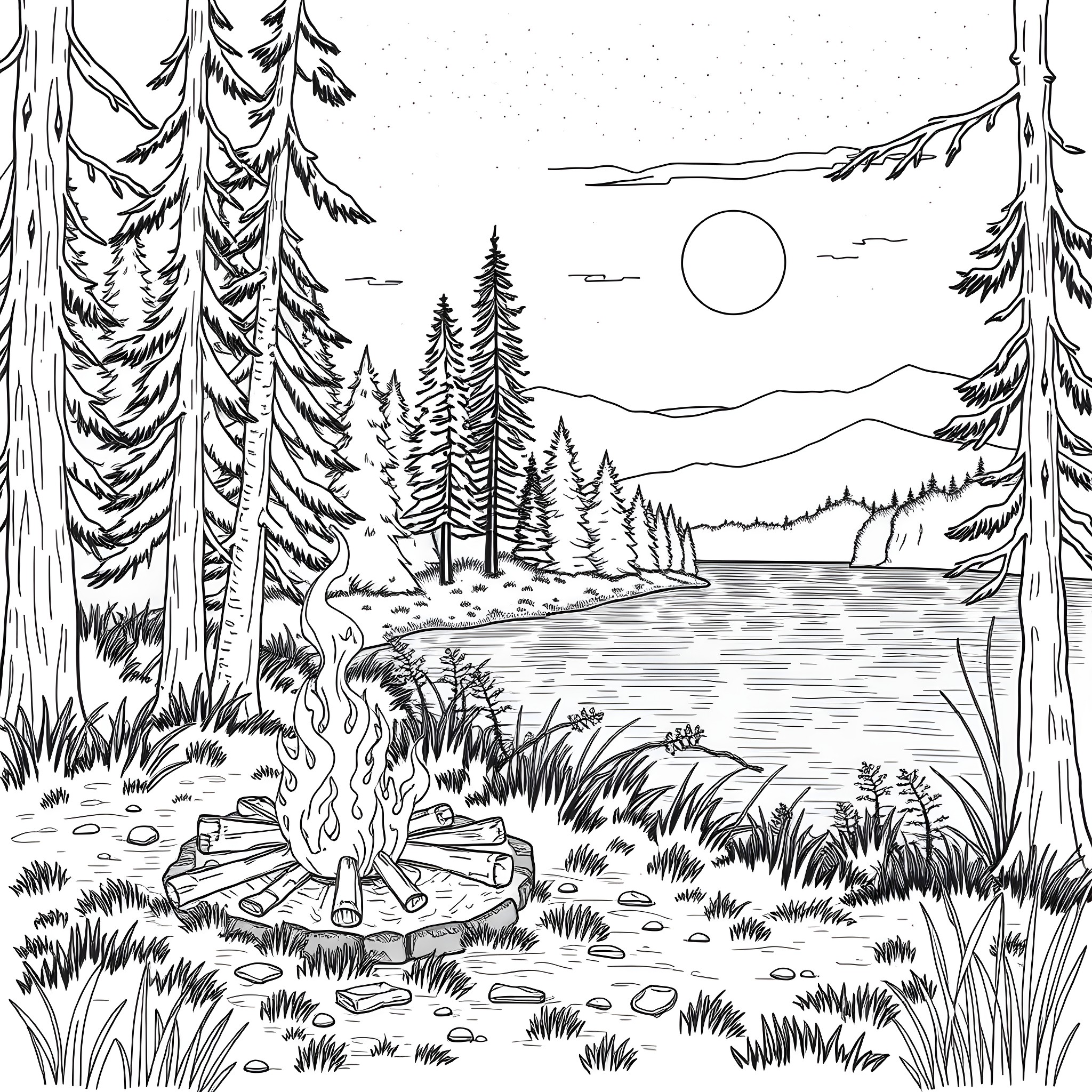 Campfire in the serene forest landscape Coloring Page (free black-and-white line drawing printable PDF for all, from beginners to advanced learners, including children, teens, adults, and seniors)