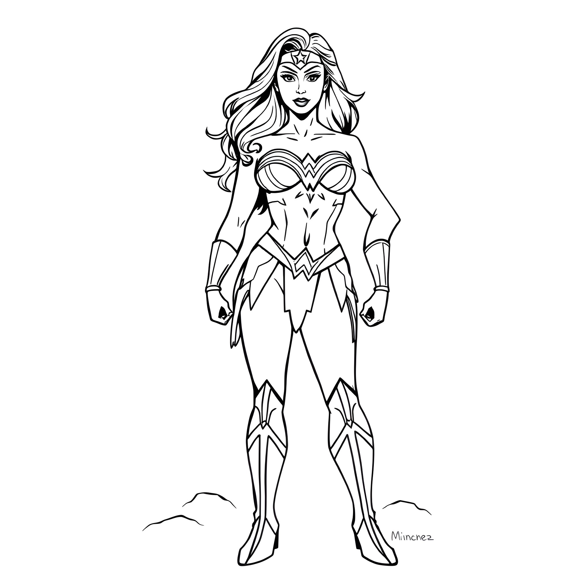Wonder Woman in heroic pose Coloring Page (free black-and-white line drawing printable PDF for all, from beginners to advanced learners, including children, teens, adults, and seniors)