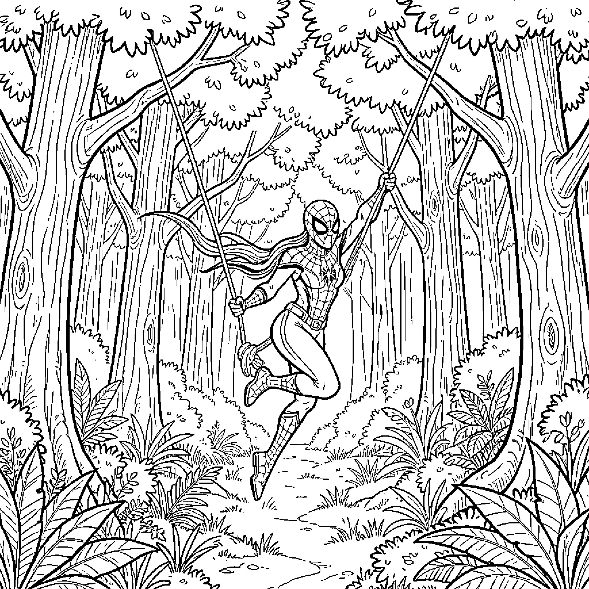 Spider Gwen swinging through the forest Coloring Page (free black-and-white line drawing printable PDF for all, from beginners to advanced learners, including children, teens, adults, and seniors)