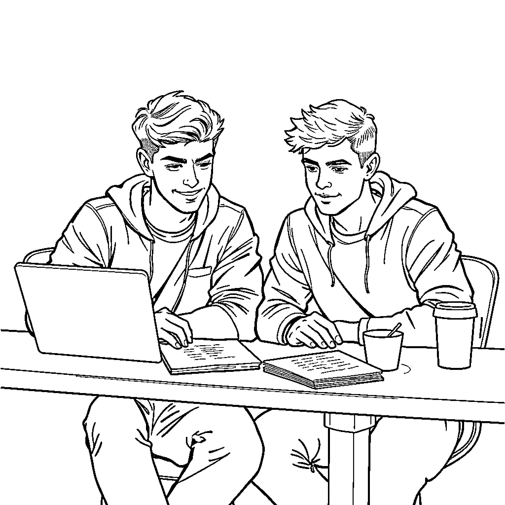 Friend studying together intently at the desk Coloring Page (free black-and-white line drawing printable PDF for all, from beginners to advanced learners, including children, teens, adults, and seniors)