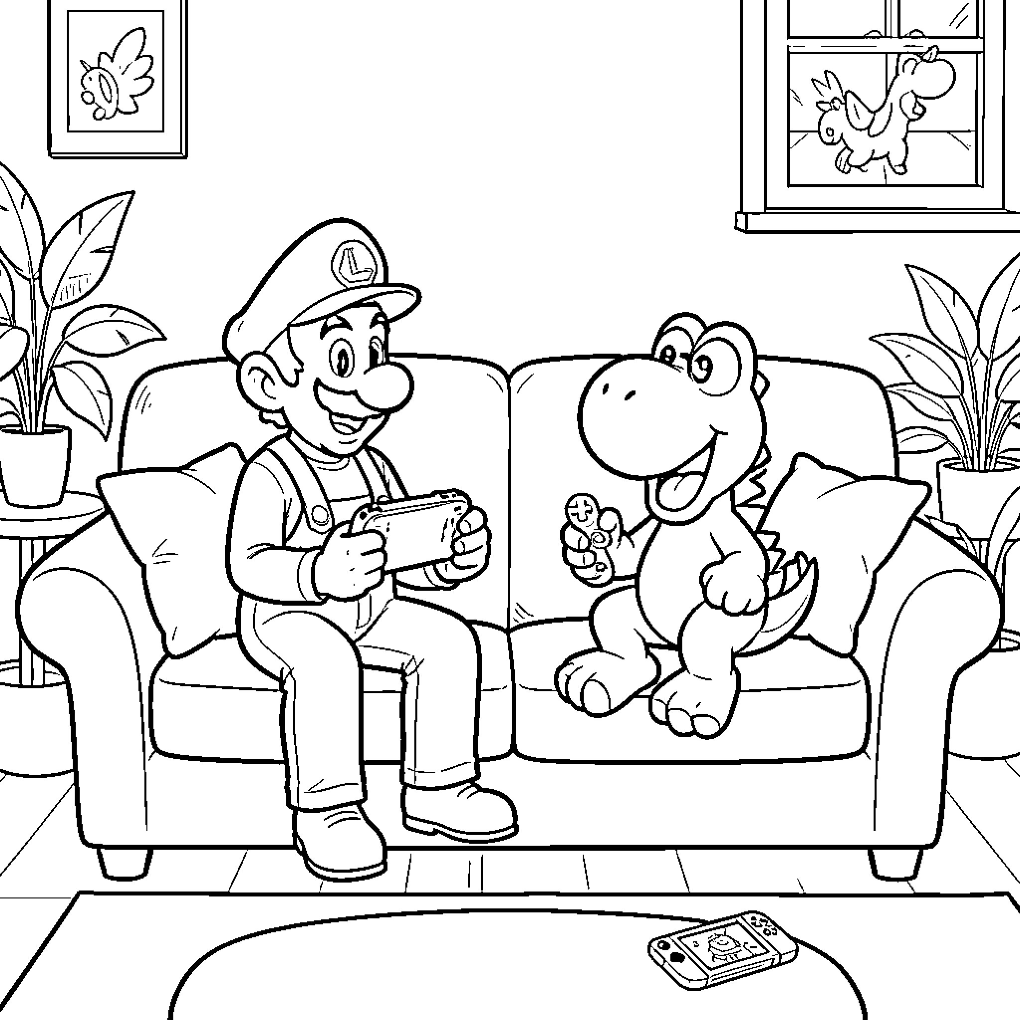 Luigi playing video games with Yoshi on a couch Coloring Page (free black-and-white line drawing printable PDF for all, from beginners to advanced learners, including children, teens, adults, and seniors)