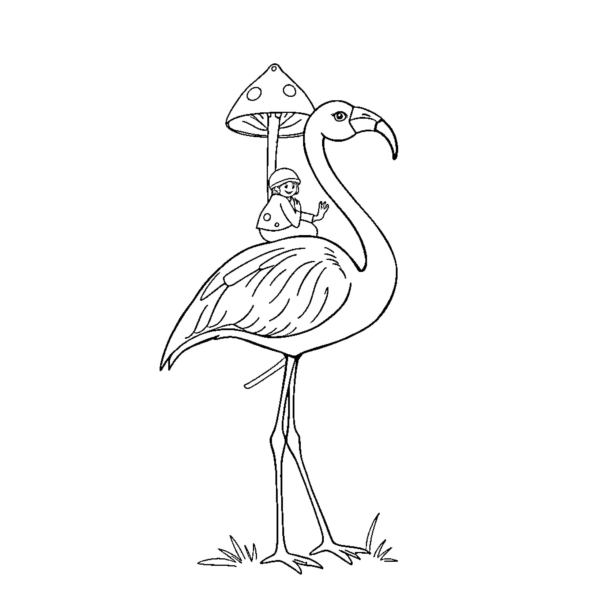 Mushroom-Themed Flamingo With Curious Figure Coloring Page (free black-and-white line drawing printable PDF for all, from beginners to advanced learners, including children, teens, adults, and seniors)