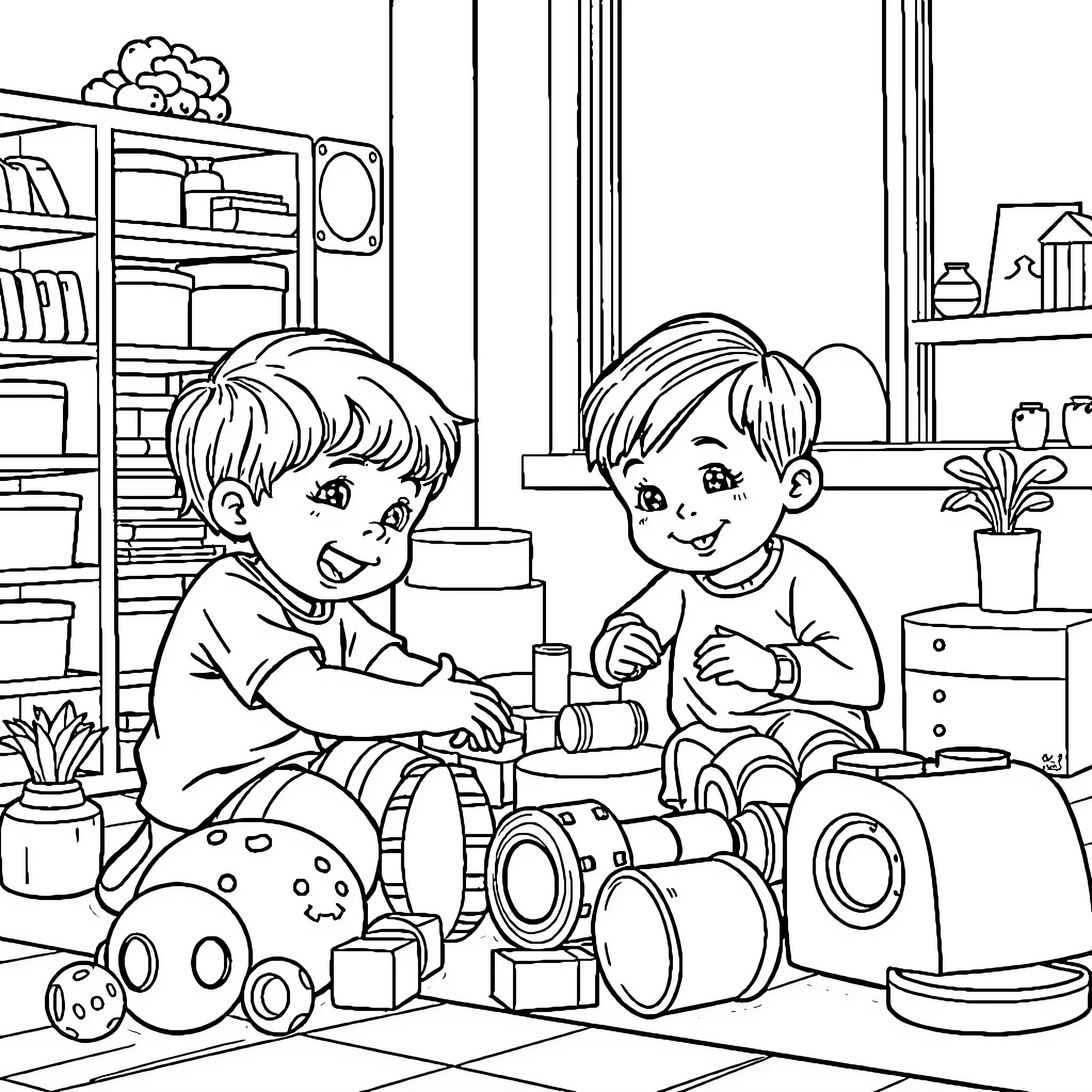 Kids playing with toys in a cozy room Coloring Page (free black-and-white line drawing printable PDF for all, from beginners to advanced learners, including children, teens, adults, and seniors)