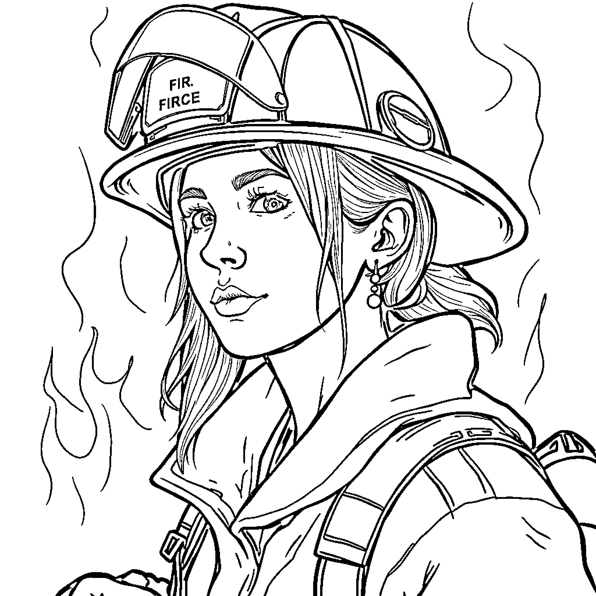 Firefighter in action, facing challenging situation Coloring Page (free black-and-white line drawing printable PDF for all, from beginners to advanced learners, including children, teens, adults, and seniors)