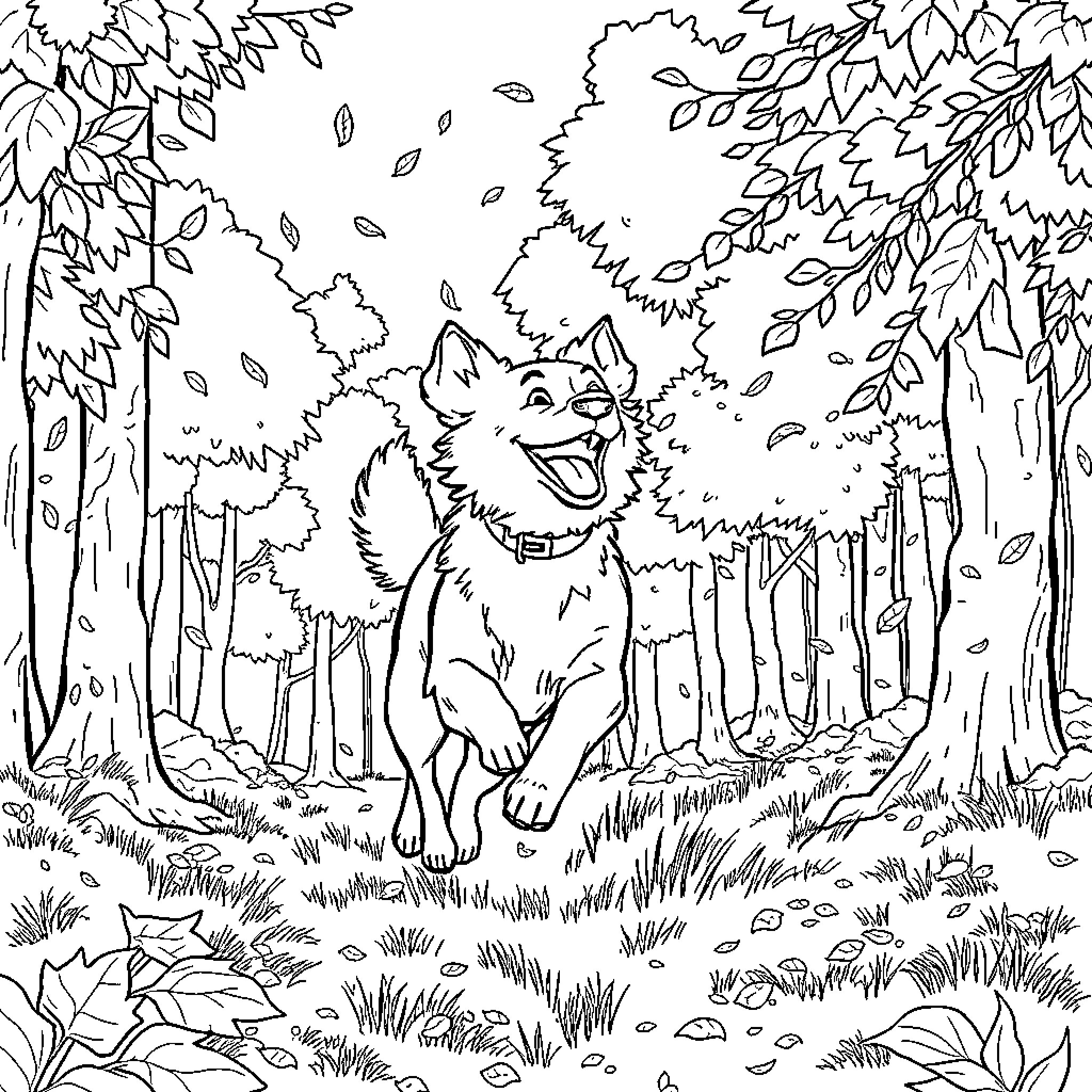 Dog playing joyfully in the forest Coloring Page (free black-and-white line drawing printable PDF for all, from beginners to advanced learners, including children, teens, adults, and seniors)