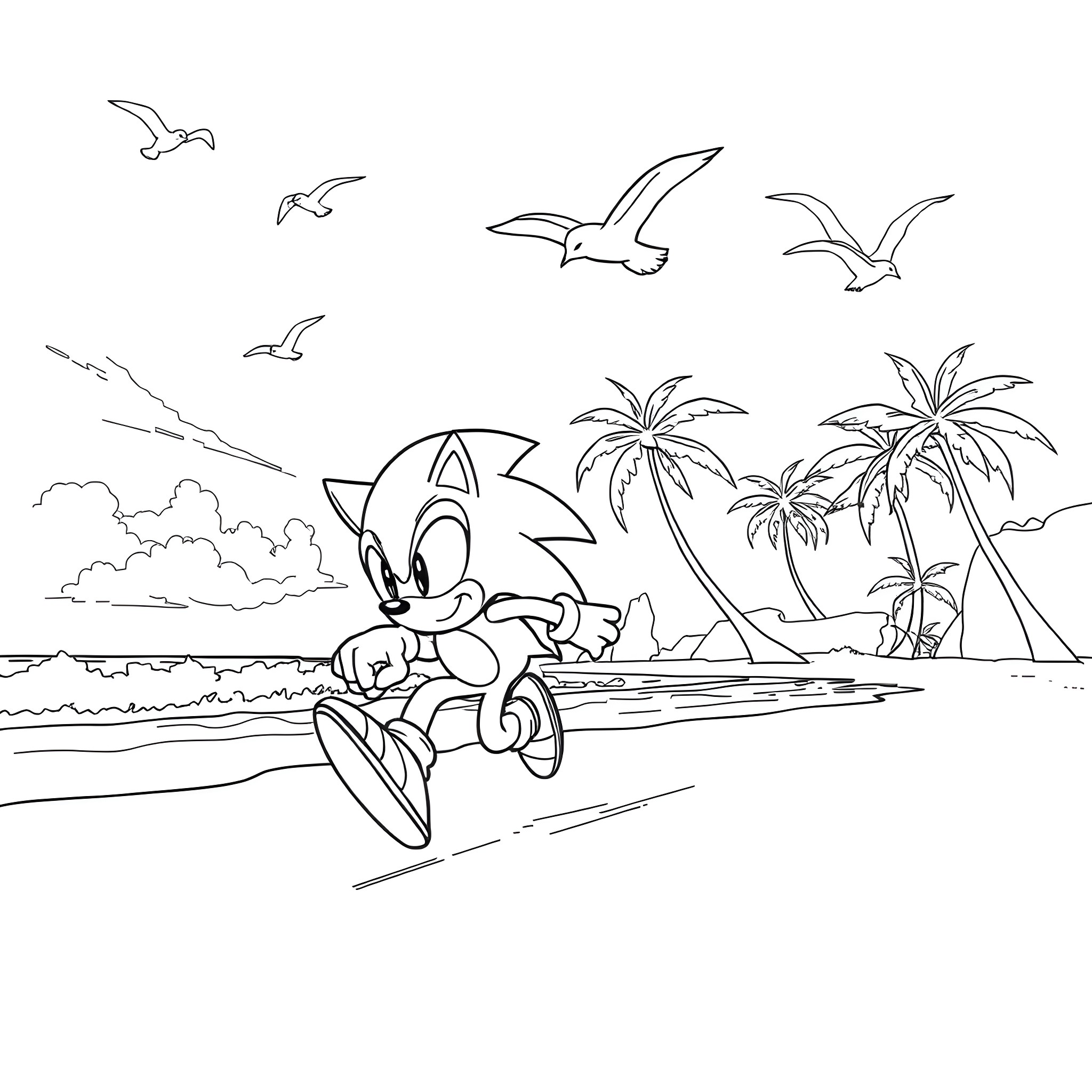 Sonic enjoying a beach day Coloring Page (free black-and-white line drawing printable PDF for all, from beginners to advanced learners, including children, teens, adults, and seniors)